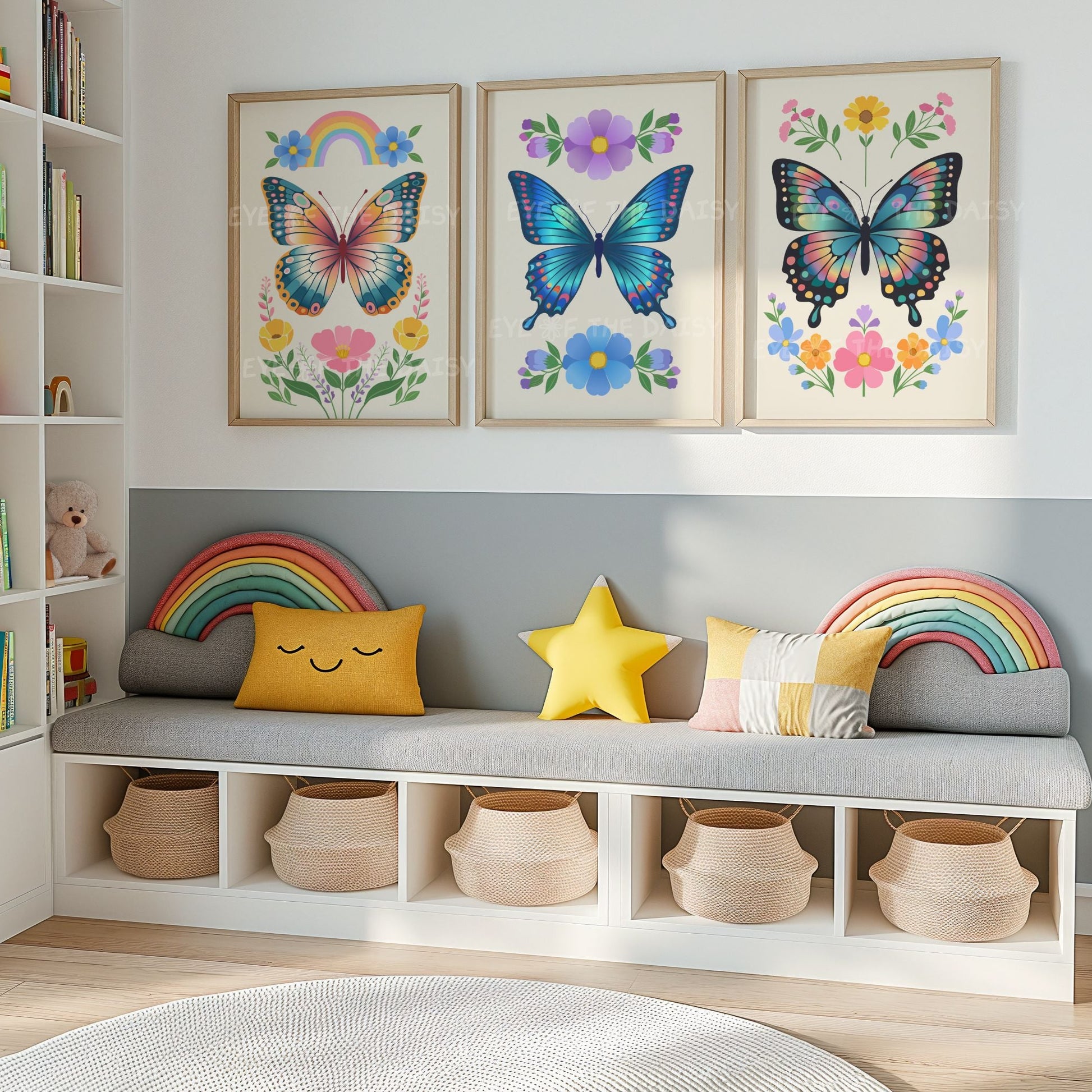 Set of three boho butterfly printable wall art prints of floral butterfly designs that are colourful, great for a children's bedroom