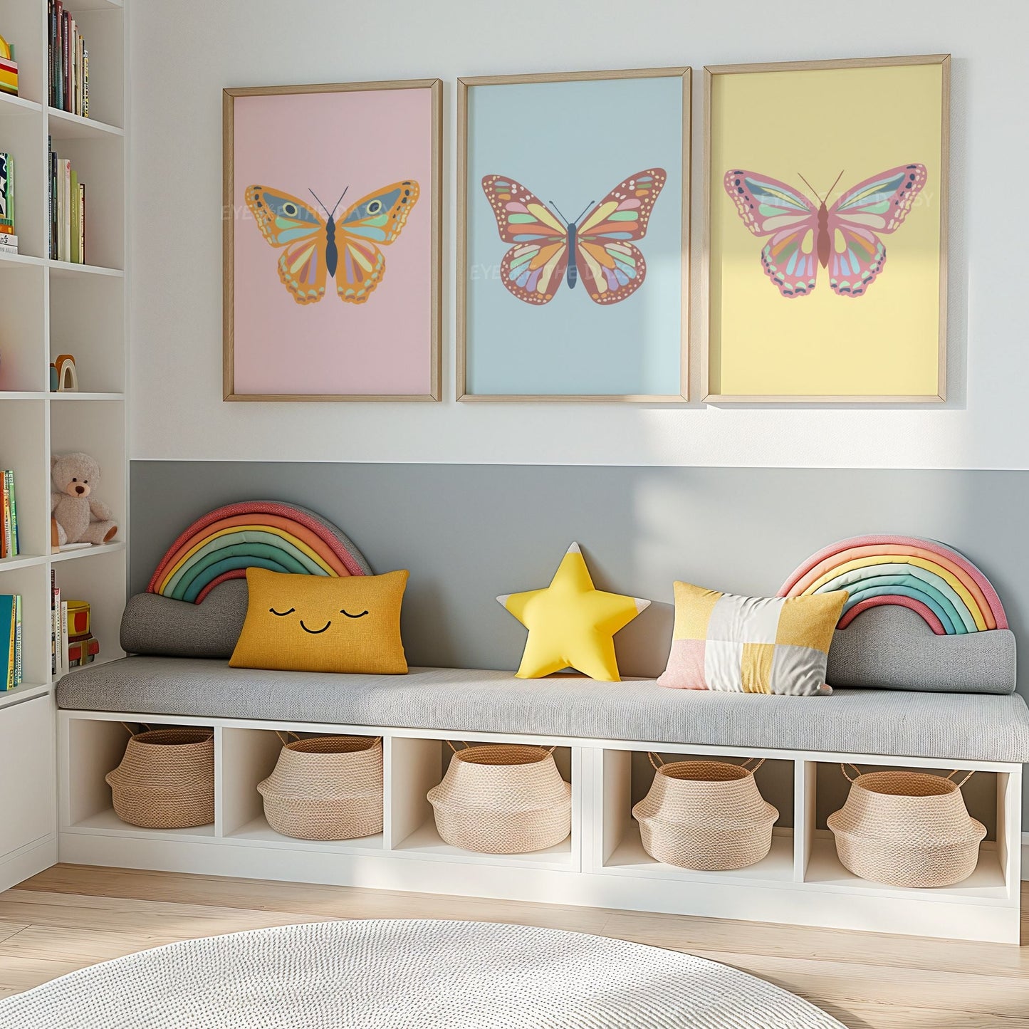Pastel butterfly prints set for kids’ room gallery wall, digital art print download, printable wall decor for nursery or toddler space