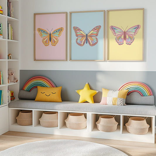 Pastel butterfly prints set for kids’ room gallery wall, digital art print download, printable wall decor for nursery or toddler space