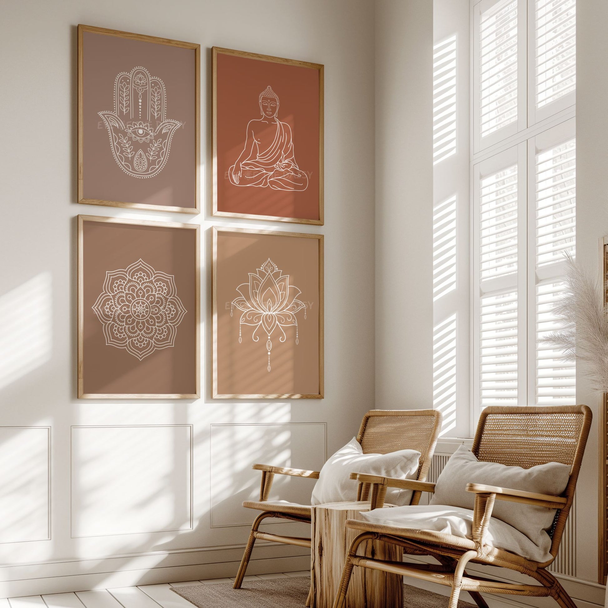 4 piece modern Zen printable wall art in earthy rust tones, perfect gallery wall set for boho vacation rental decor, DIY print download