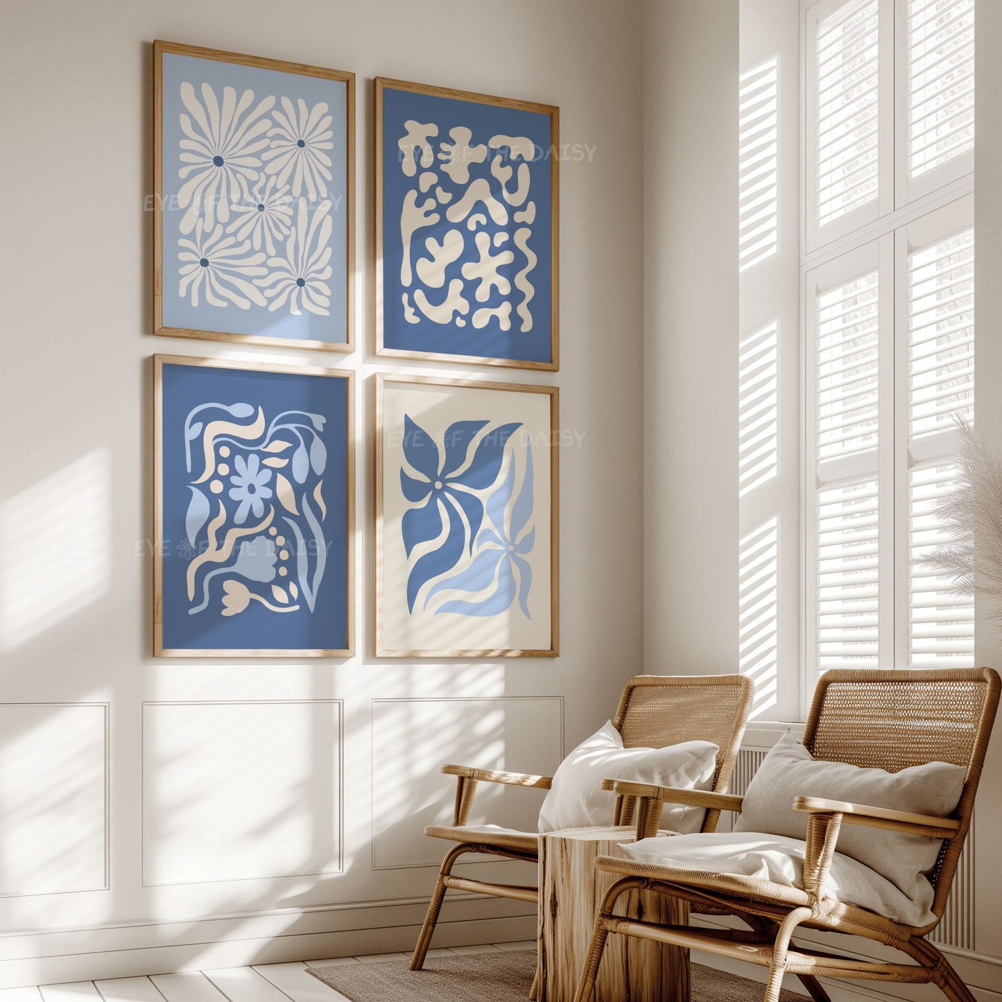 Soft modern botanical print set of 4 – abstract floral cut-outs in navy and beige, printable wall art for stylish nursery decor