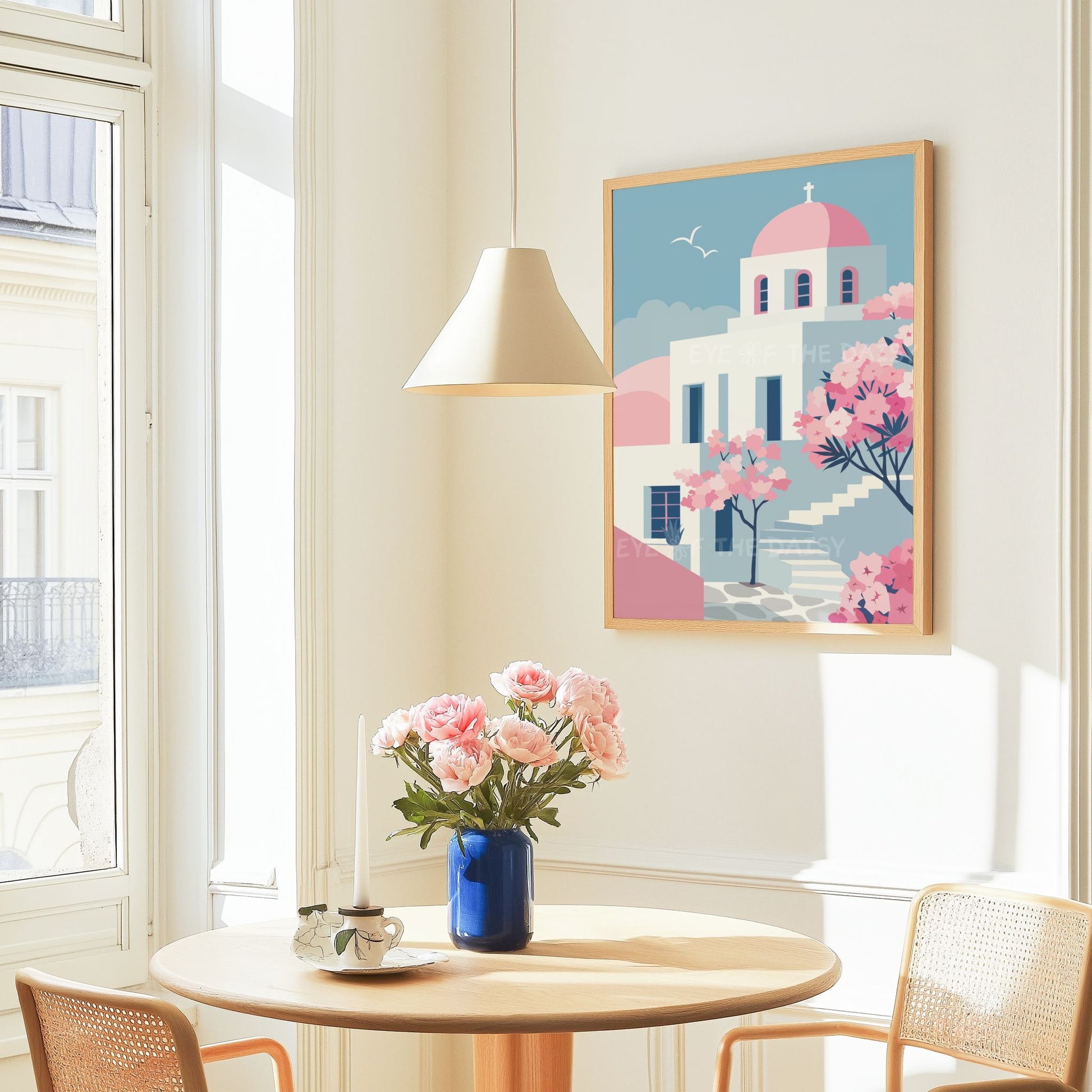 Paros print set of 2 in pink and blue, Cycladic sea view wall art digital download for beach house, summer rental or vacation space