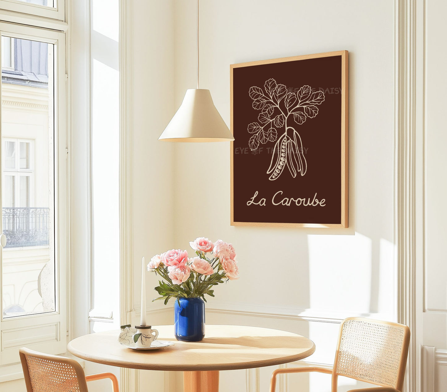 Dark brown carob plant digital poster, earthy tones for home coffee bar wall