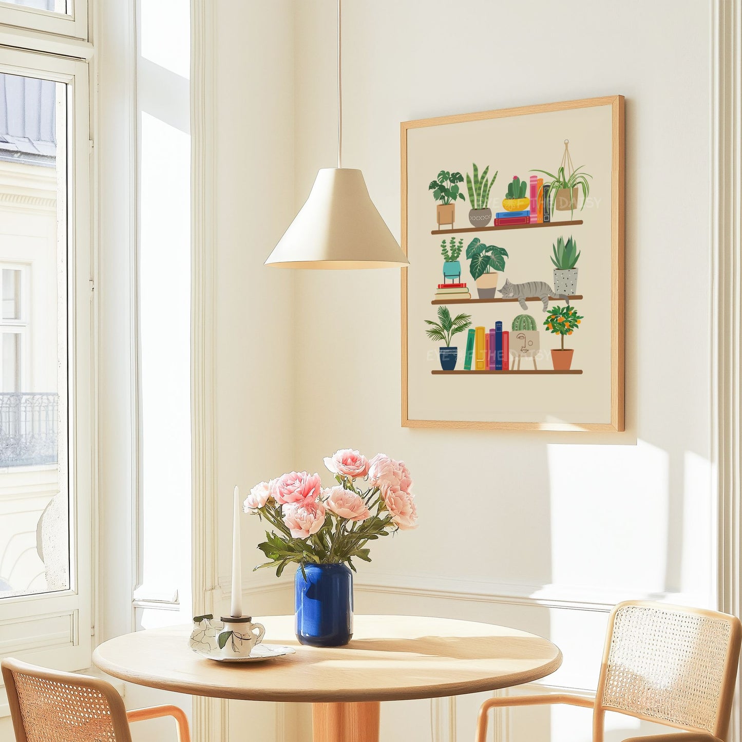 Tabby cat bookshelf print – botanical and book-themed printable wall art for boho apartment or reading nook