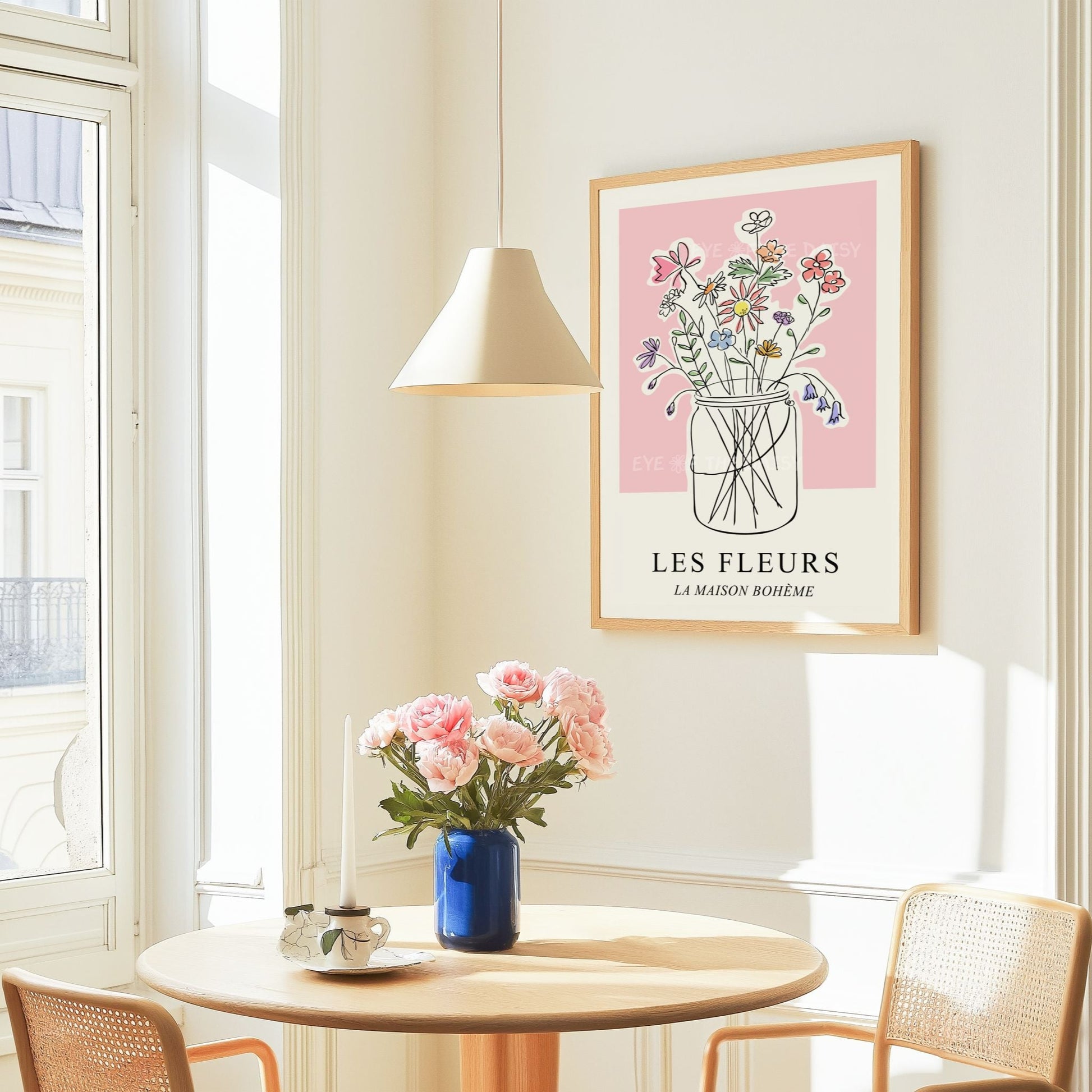 Boho pastel flowers digital print, with French phrase "Les Fleurs", perfect for modern chic apartment wall decor