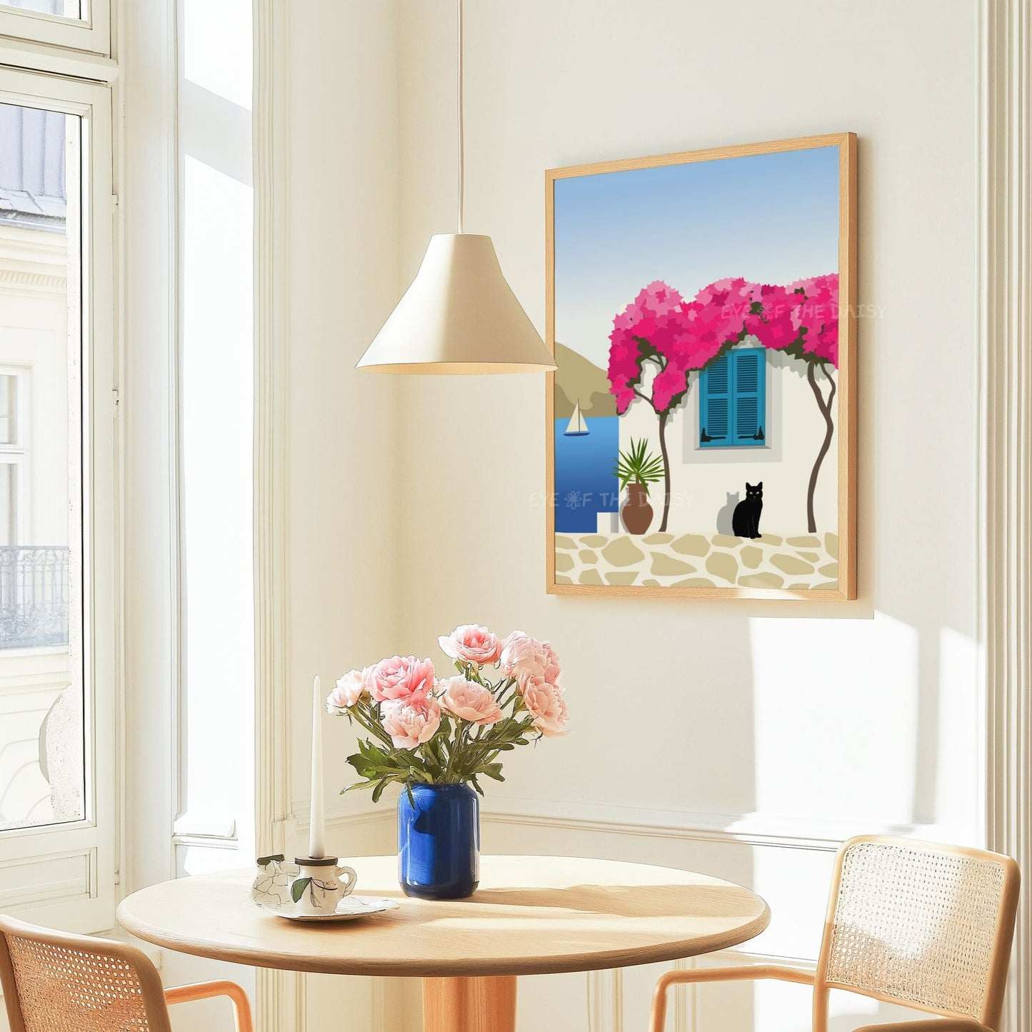 Contemporary Paros island wall art – colorful illustration of Cycladic house with cat, sea view and bougainvillea flowers