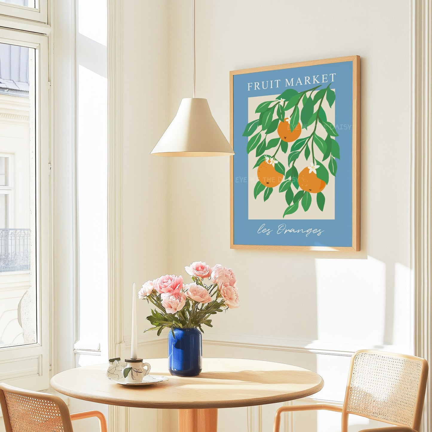 Colorful "Les Oranges" orange tree digital print  – abstract Fruit Market poster in green, orange, and bright blue for a trendy apartment decor