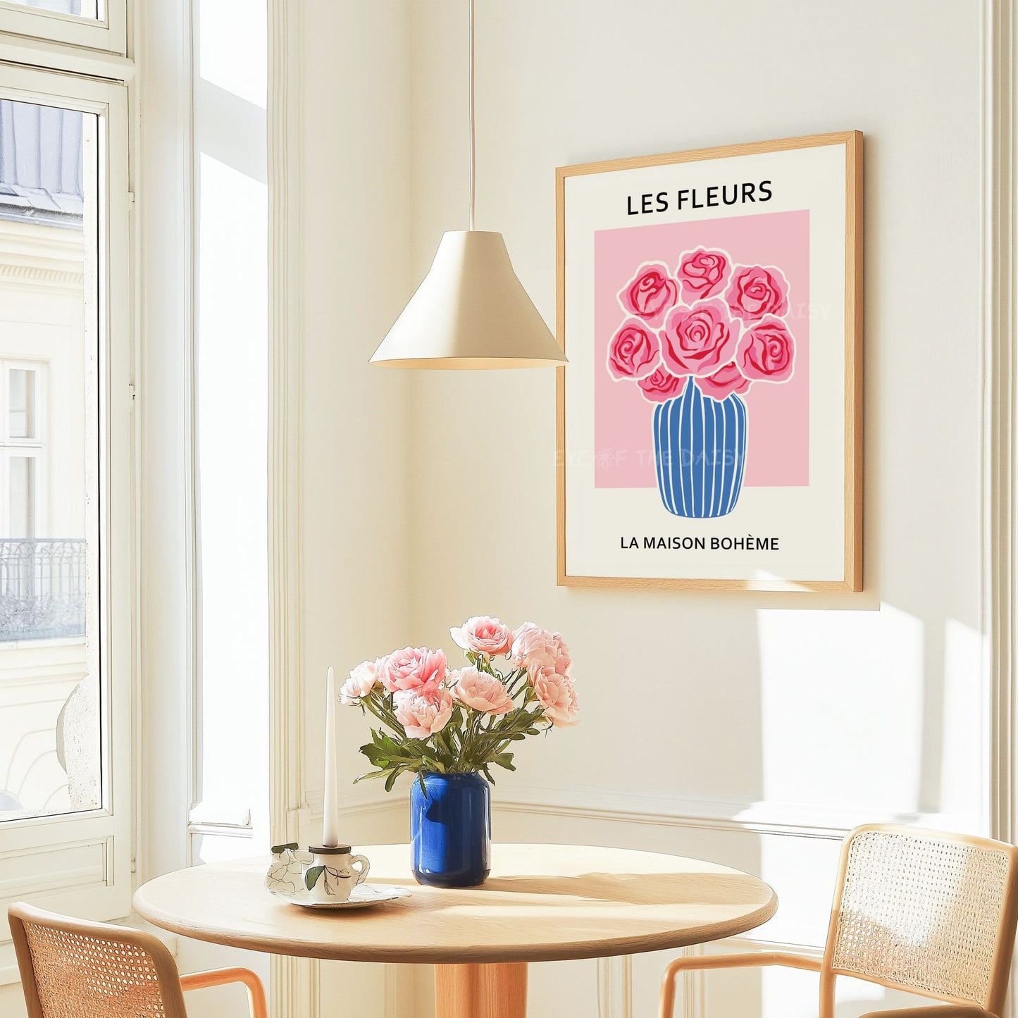 Eclectic floral printable wall art three piece set — Les Fleurs red, pink and royal blue digital download, ideal dopamine decor for trendy apartments