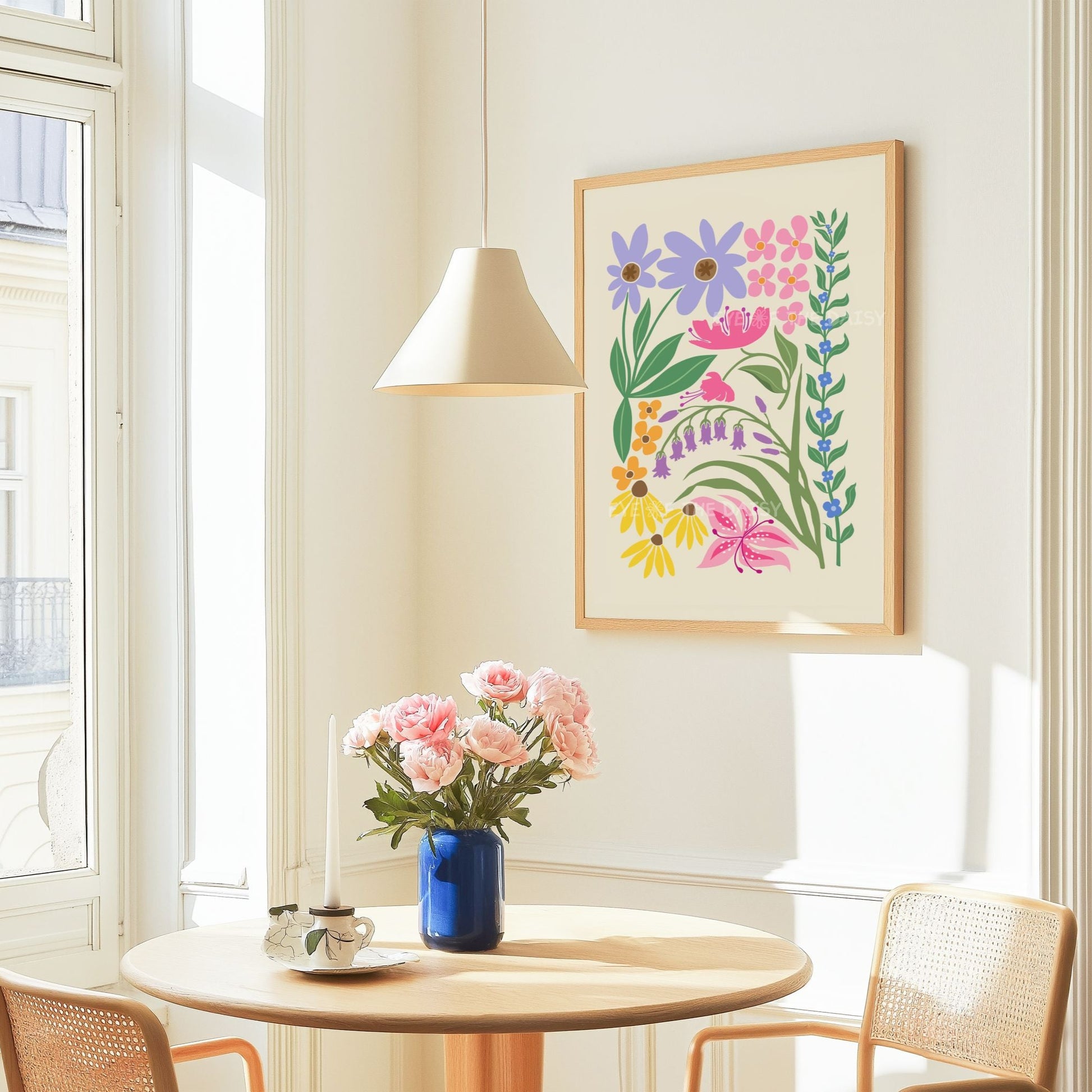 Cute colourful floral print with vibrant lilac, purple, blue, green, orange, yellow and pink abstract flowers intertwining, great trendy apartment decor