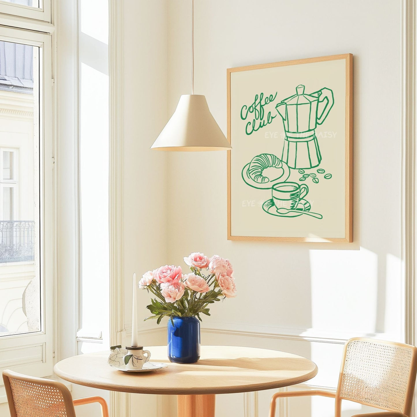 Coffee Club art print of a trendy hand drawn coffee pot, cup of coffee and  croissant & the phrase "Coffee Club", trendy apartment decor