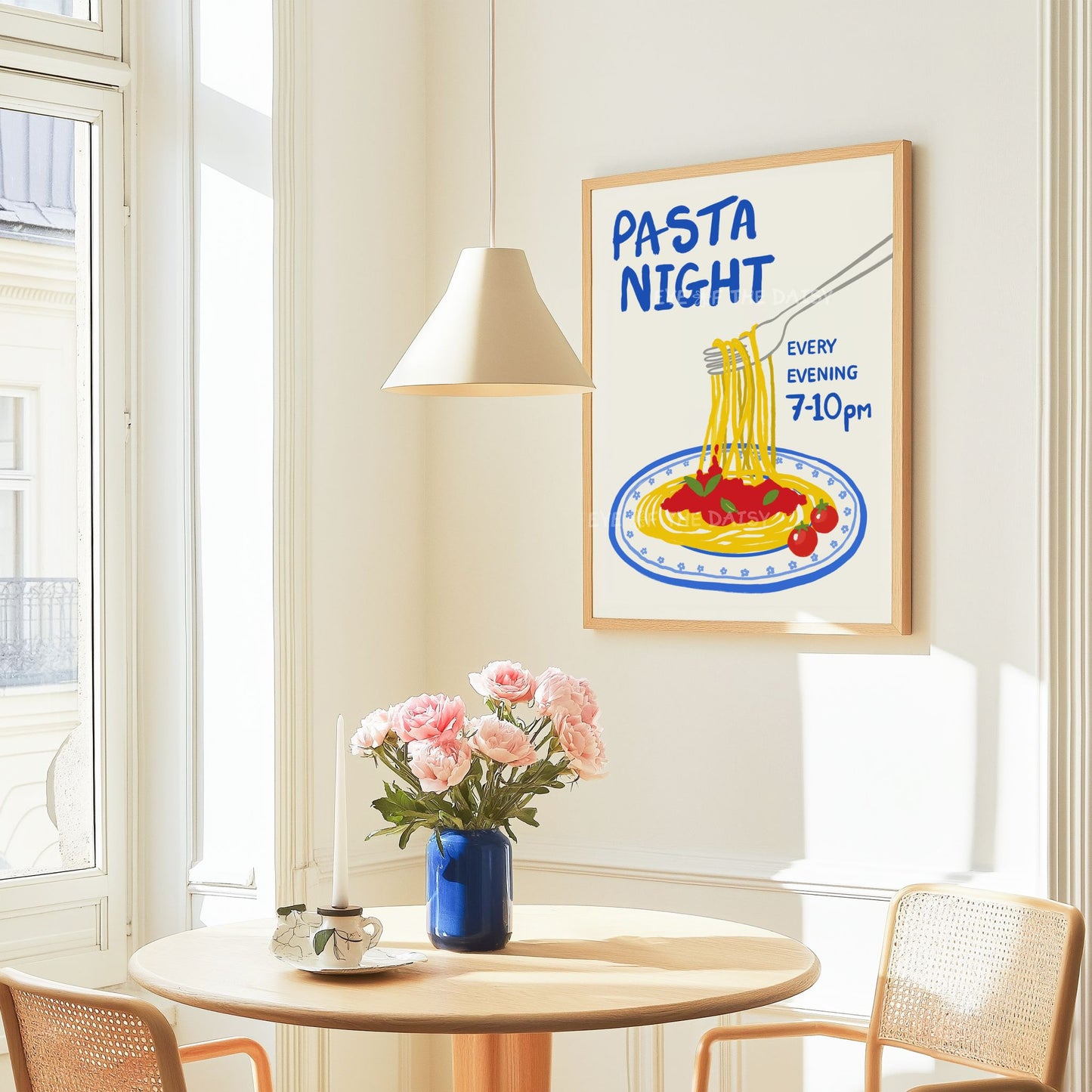 Pasta Night poster, hand drawn spaghetti on a fork printable wall art, makes great dinner party wall decor or trendy kitchen poster