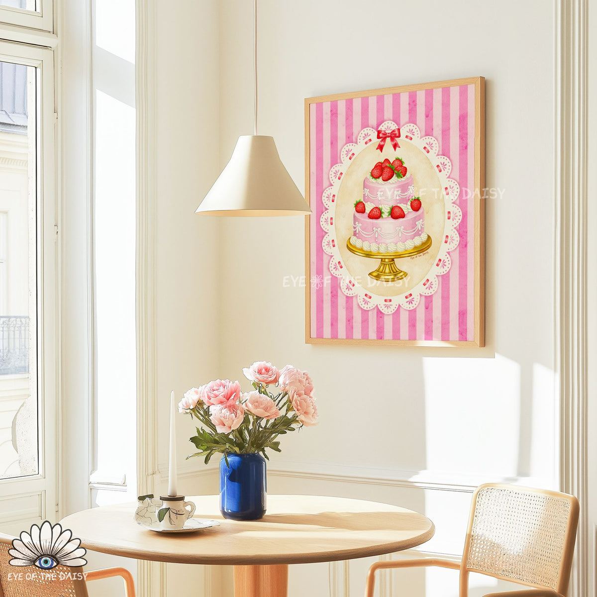 Vintage dessert print featuring a cute strawberry cake illustration for dopamine decor