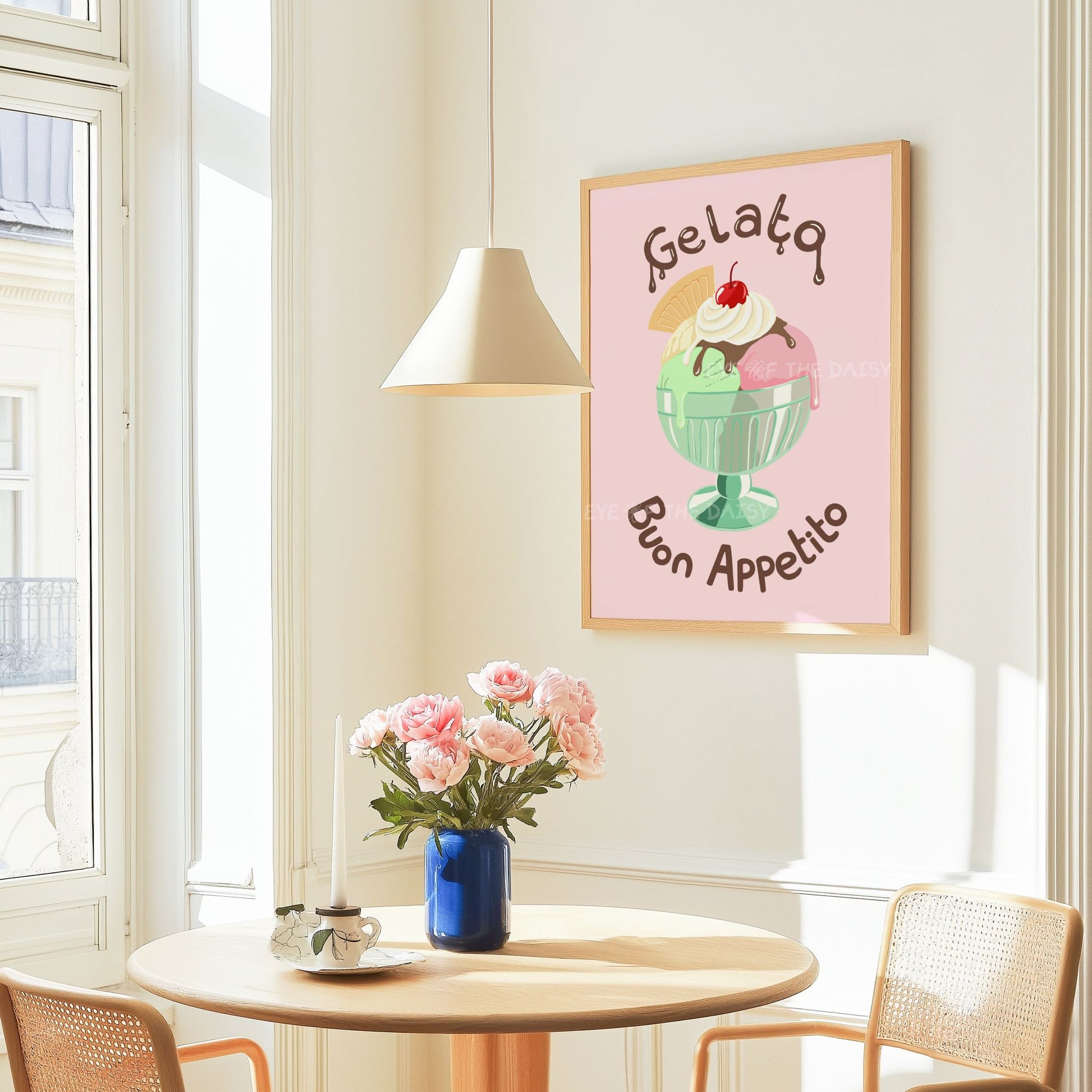 Italian gelato printable wall art with hand drawn ice cream sundae and "Buon Appetito" typography