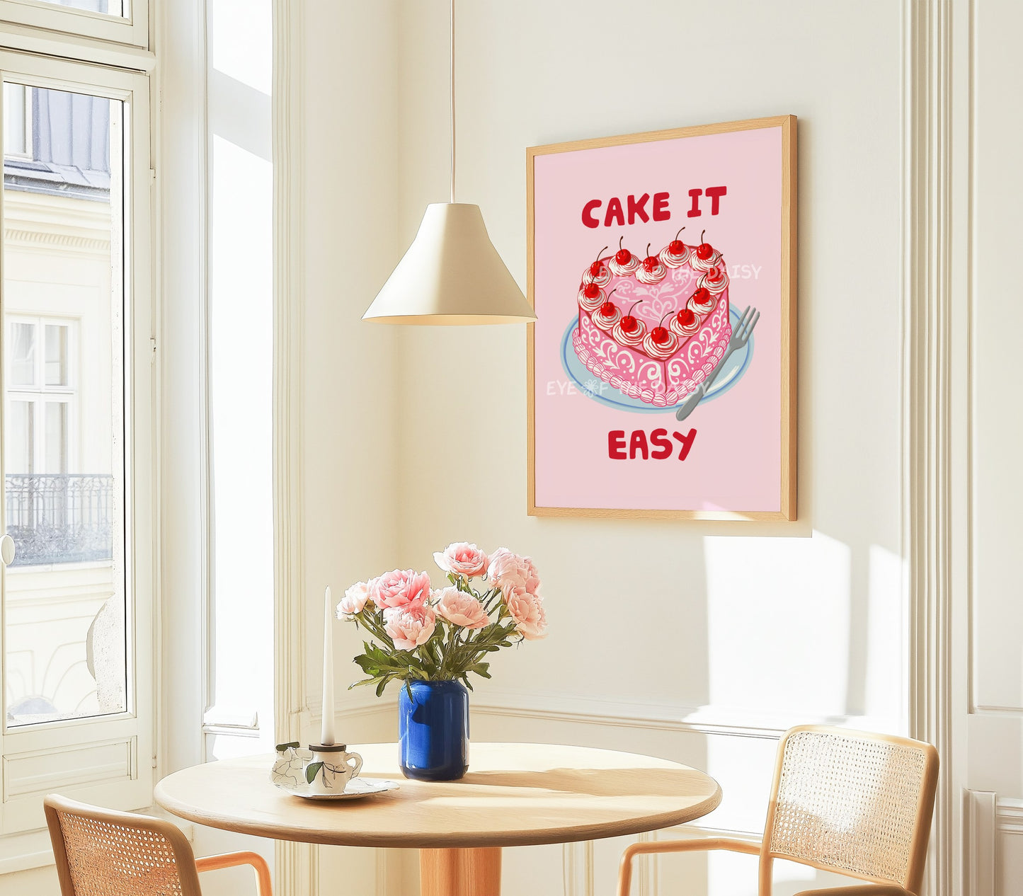 Retro heart cake printable wall art in pink and red with funny cake quote and trendy hand drawn cake illustration