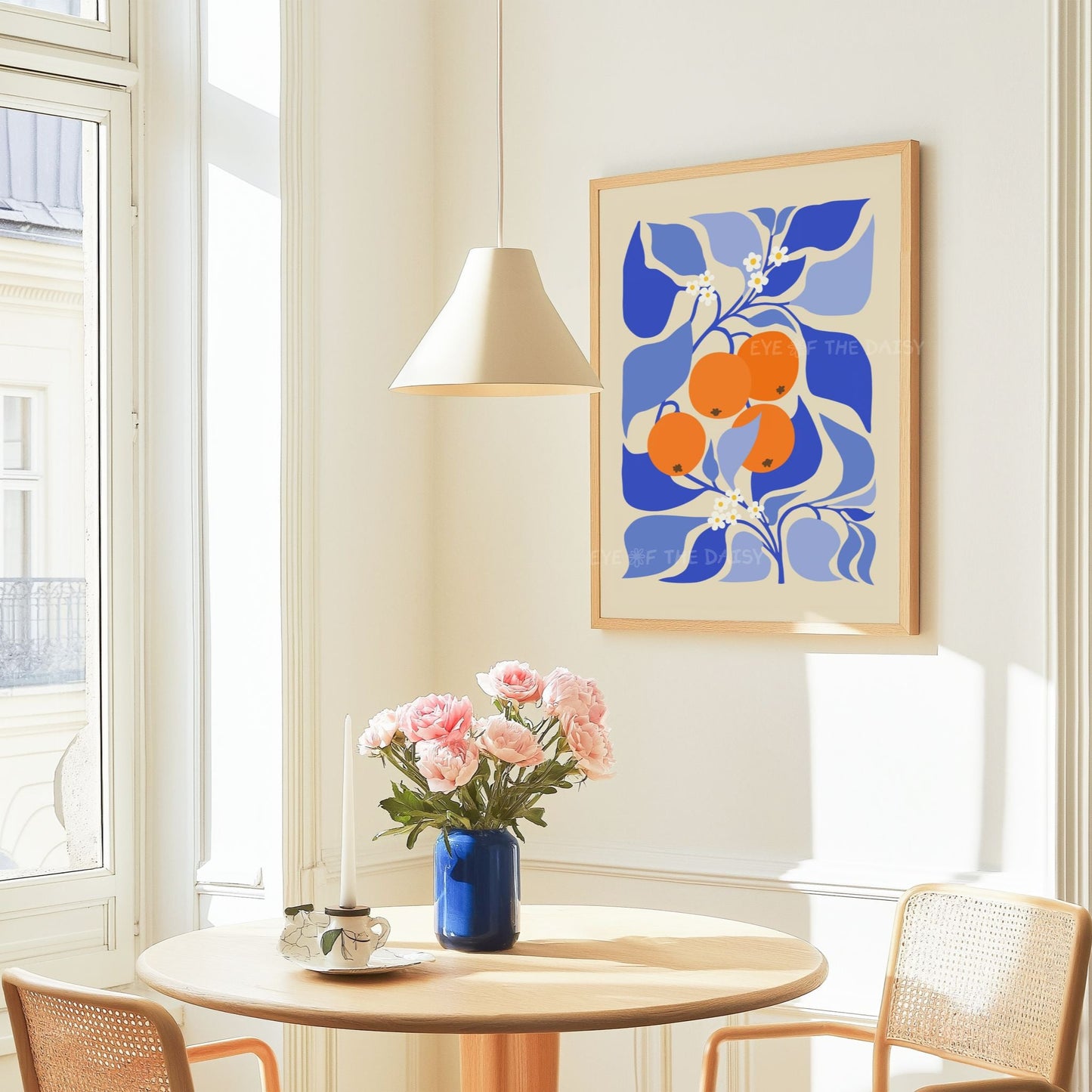 Vibrant orange tree poster with blue and orange abstract botanical design –  perfect for a colorful, fun dopamine decor apartment