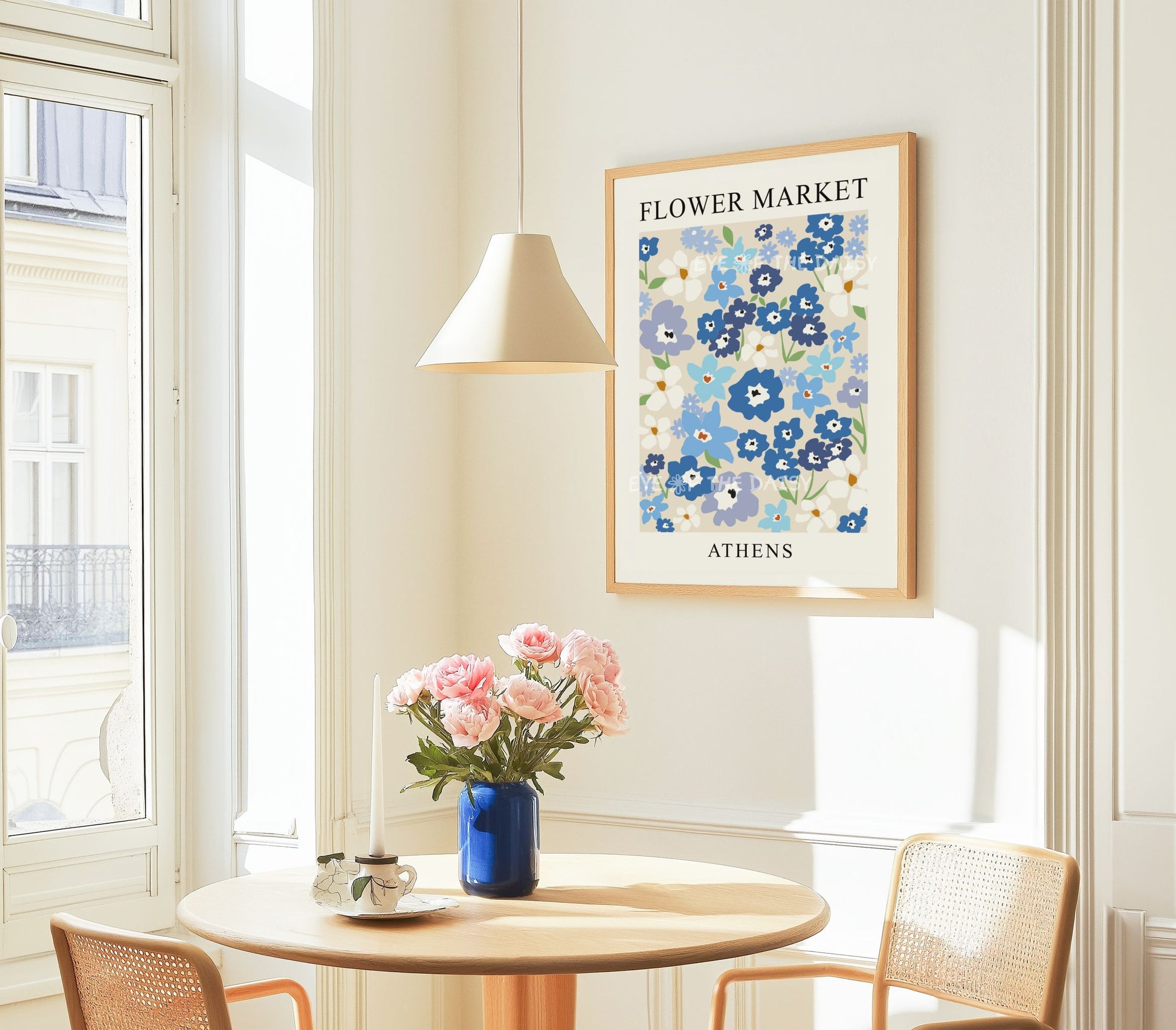 Contemporary blue abstract floral art print — Scandinavian flower market digital download, ideal printable wall decor for trendy apartments