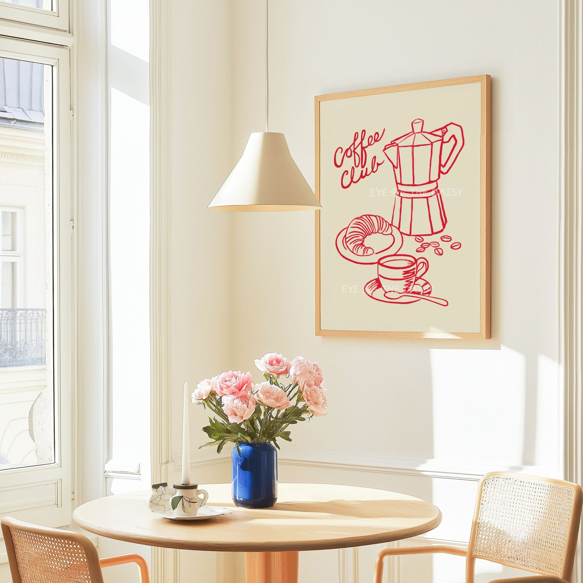 Breakfast themed "Coffee Club" poster showing a red hand drawn line sketch of a coffee pot, cup of coffee and croissant on beige