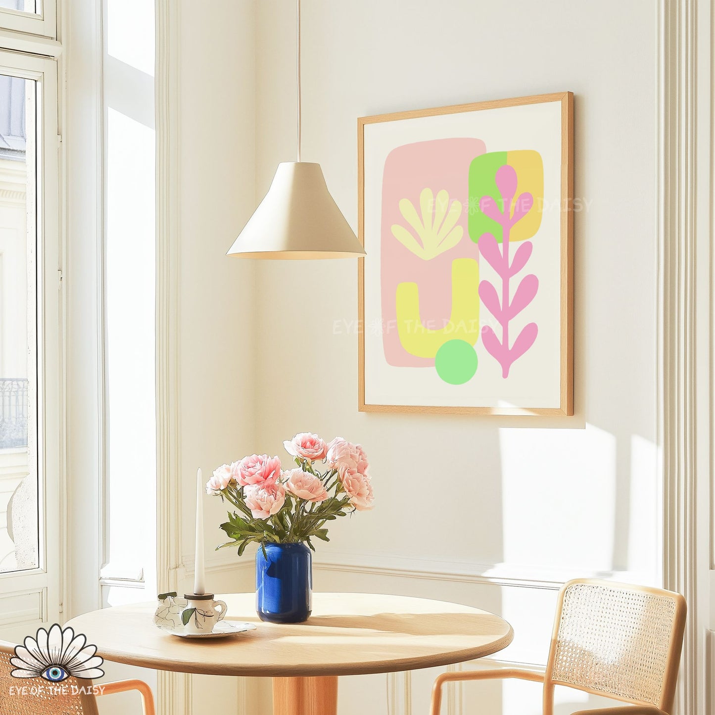 Modern pastel abstract botanical print instant download, playful dopamine decor wall art for bright kitchen interiors