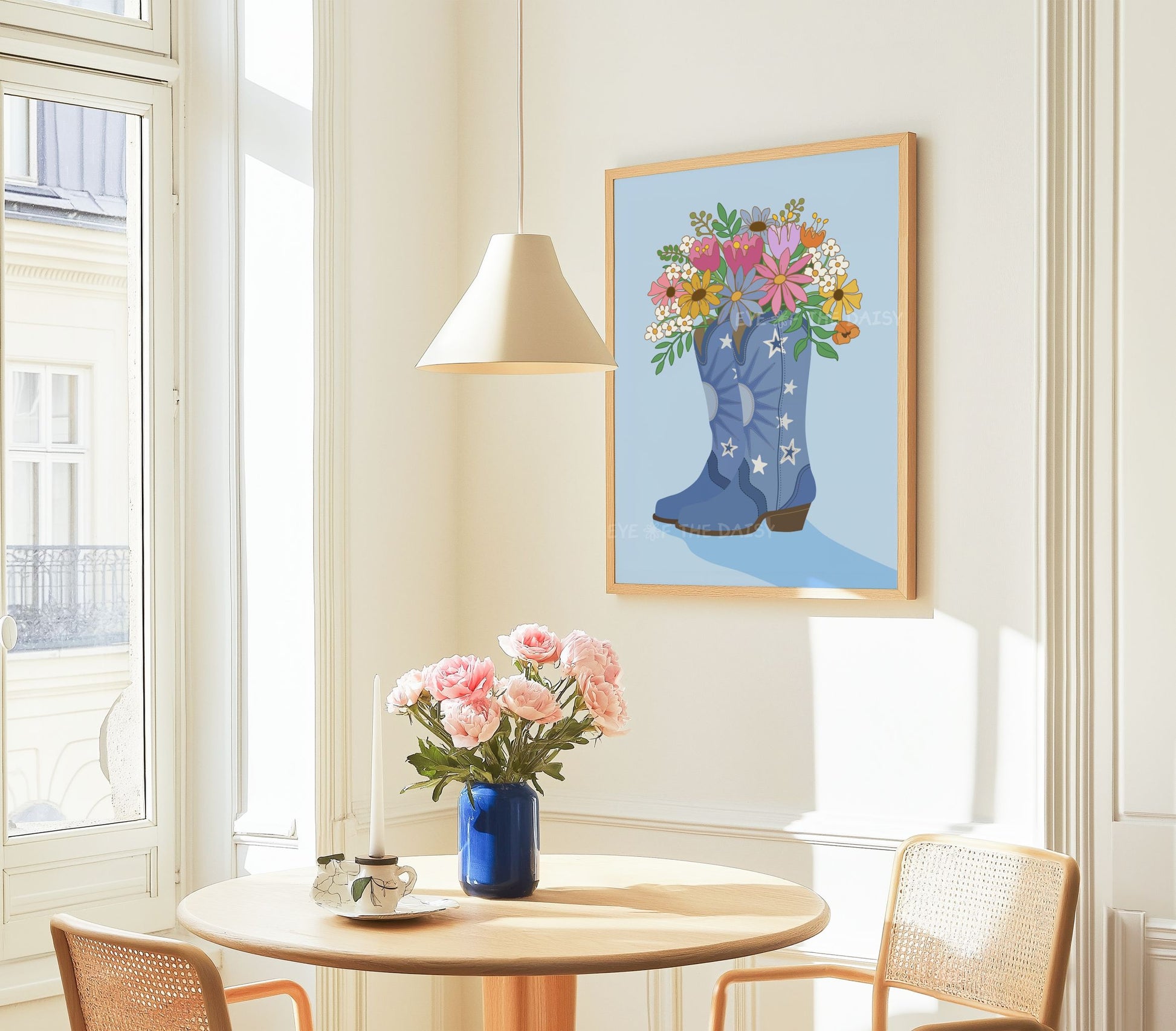 Cute Y2K cowgirl boots poster in denim blue – dorm room or college print download, funky wall art, instant digital printable file