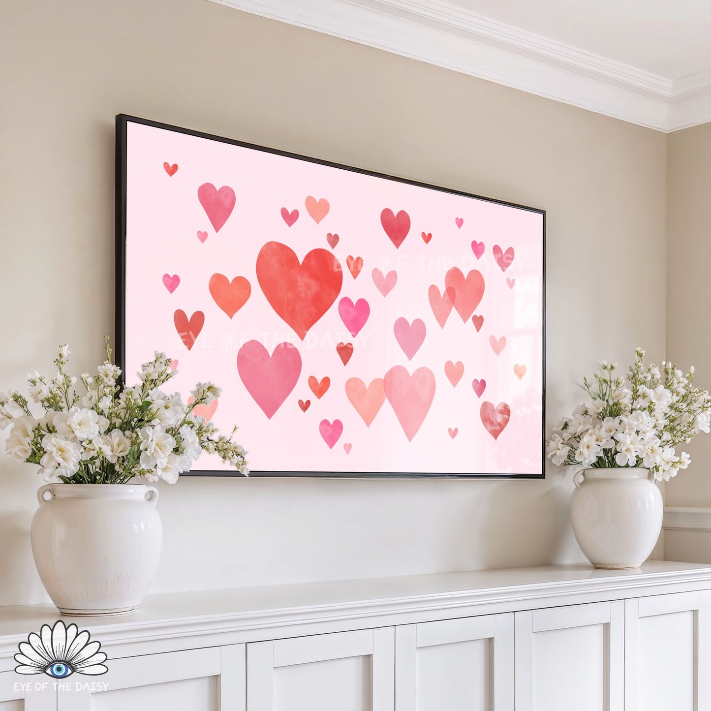 Valentine’s Day TV screen artwork, 4K digital download with soft watercolour hearts, calming romantic home decor