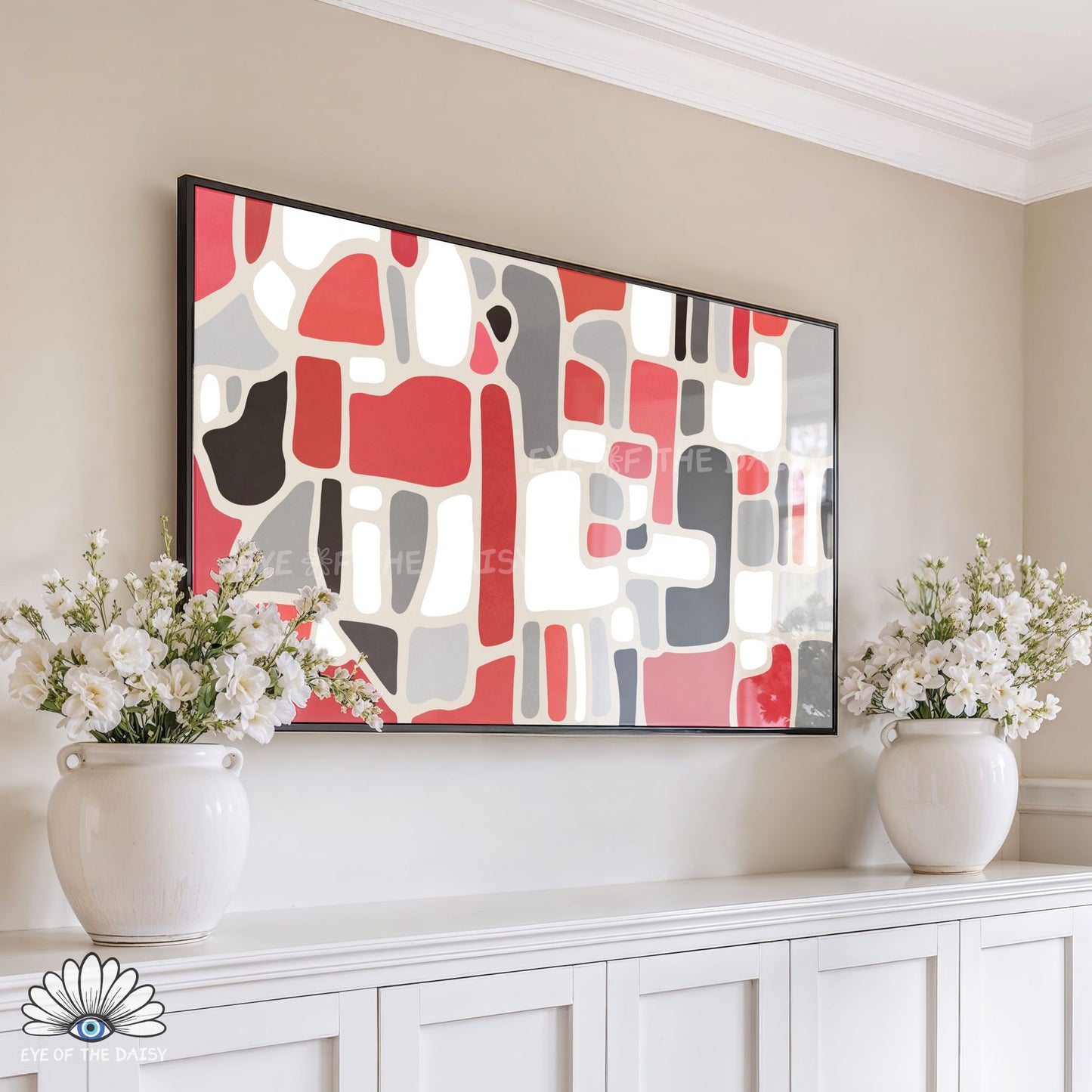 Modern 4K TV art digital download, hand drawn geometric abstract shapes in red black grey for screensaver