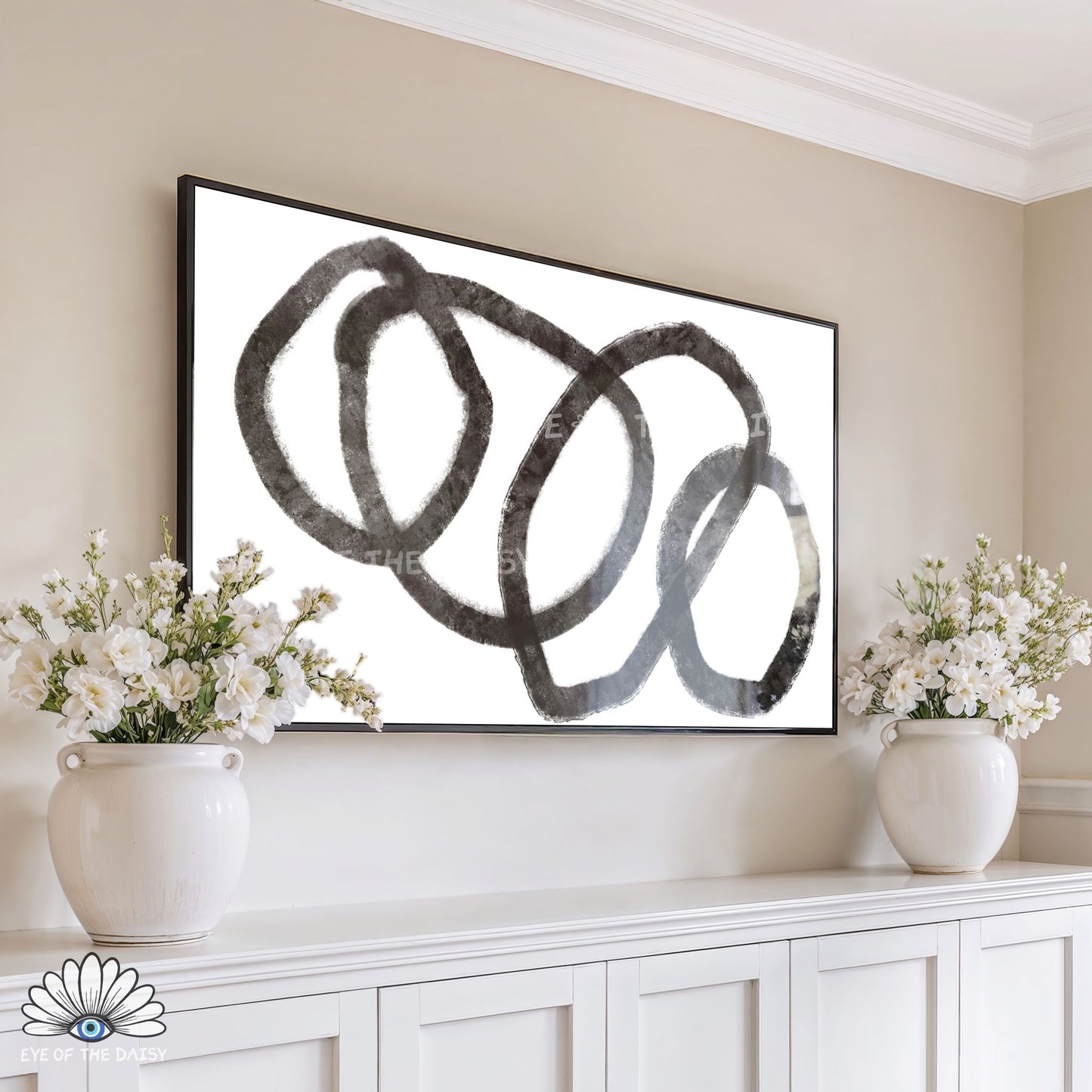 Scandi style screensaver art 4K TV art, black and white abstract line drawing for minimal living room decor