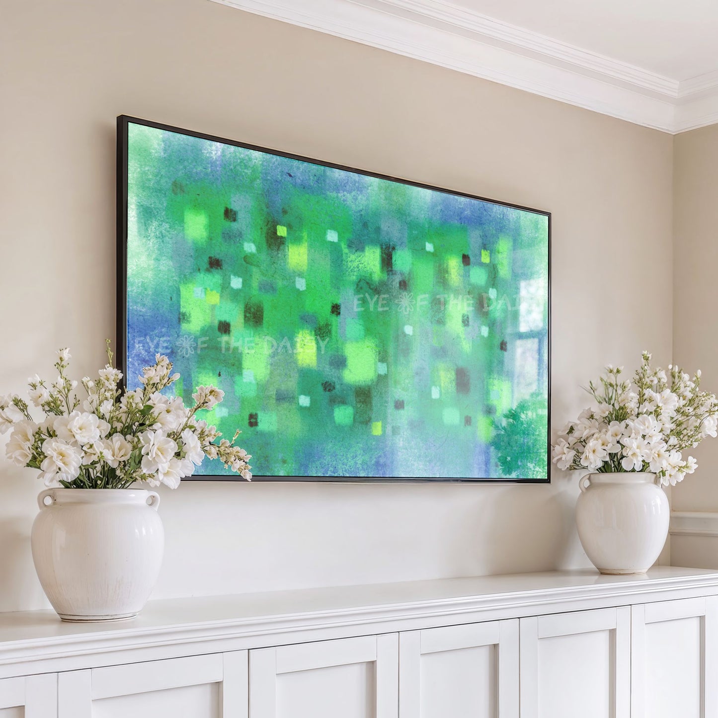Vibrant Green Blue Abstract Expressionist 4K TV Art | Bright Contemporary Digital Painting