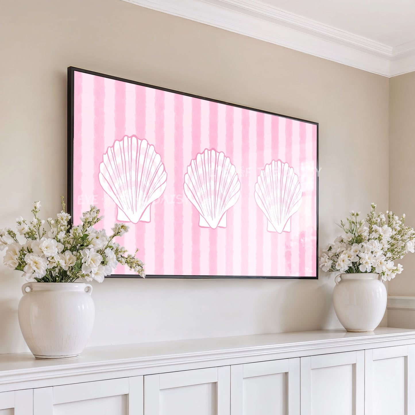 Pink White Shells 4K TV Art | Striped Coastal Sea Shells 4K Art for TV Screen