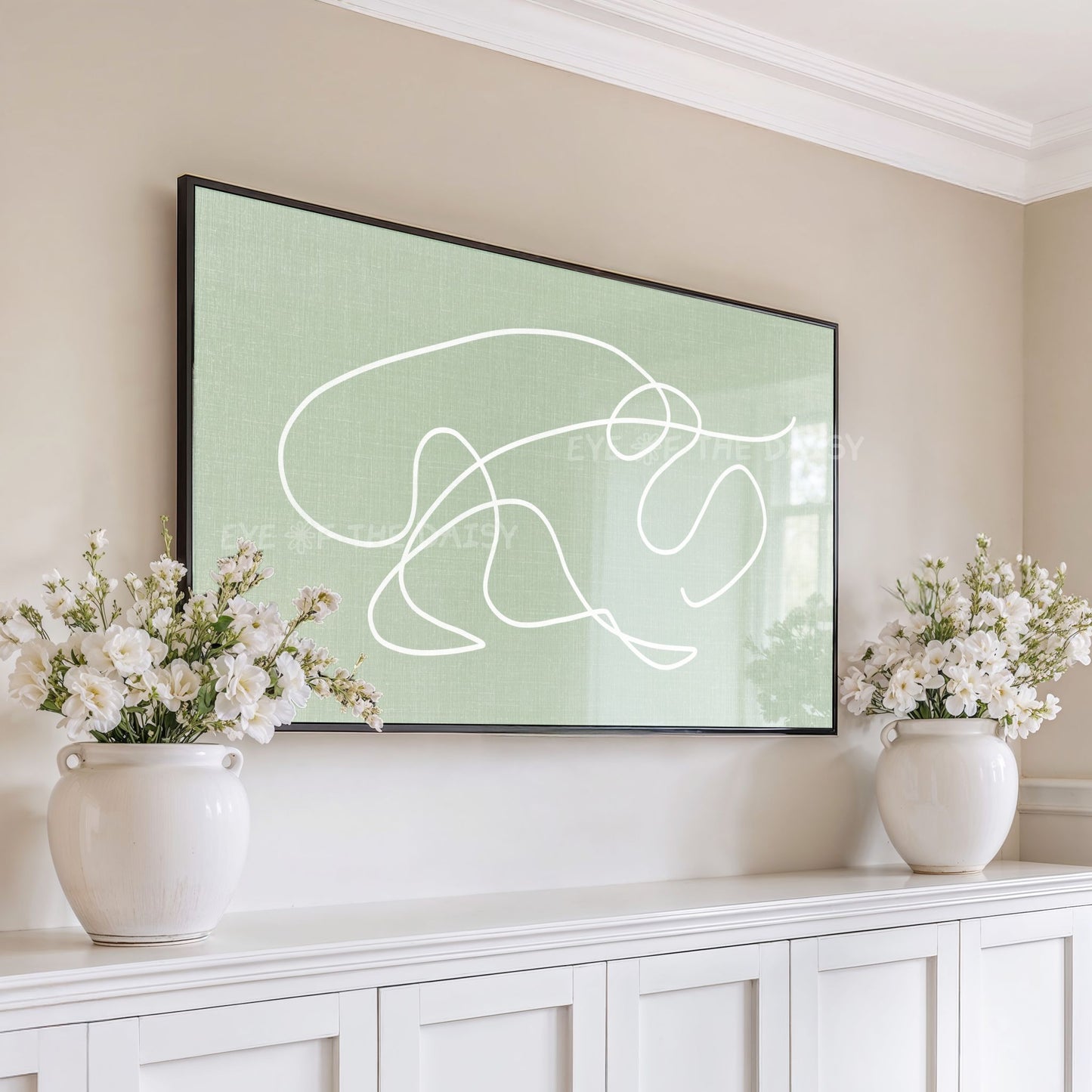 Sage Green White Minimal Scribble 4K TV Art | Boho Abstract Line Art for TV Screen