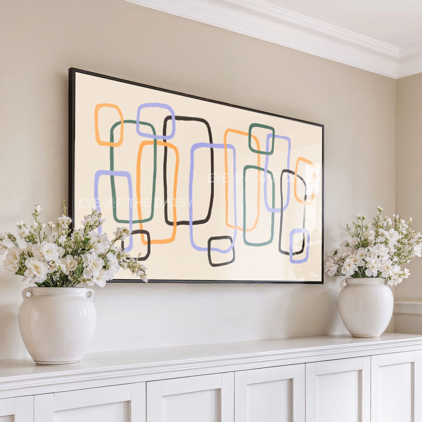 Mid Century Line Abstract 4K TV Art | Beige Mustard Blue Retro Art for TV Screen