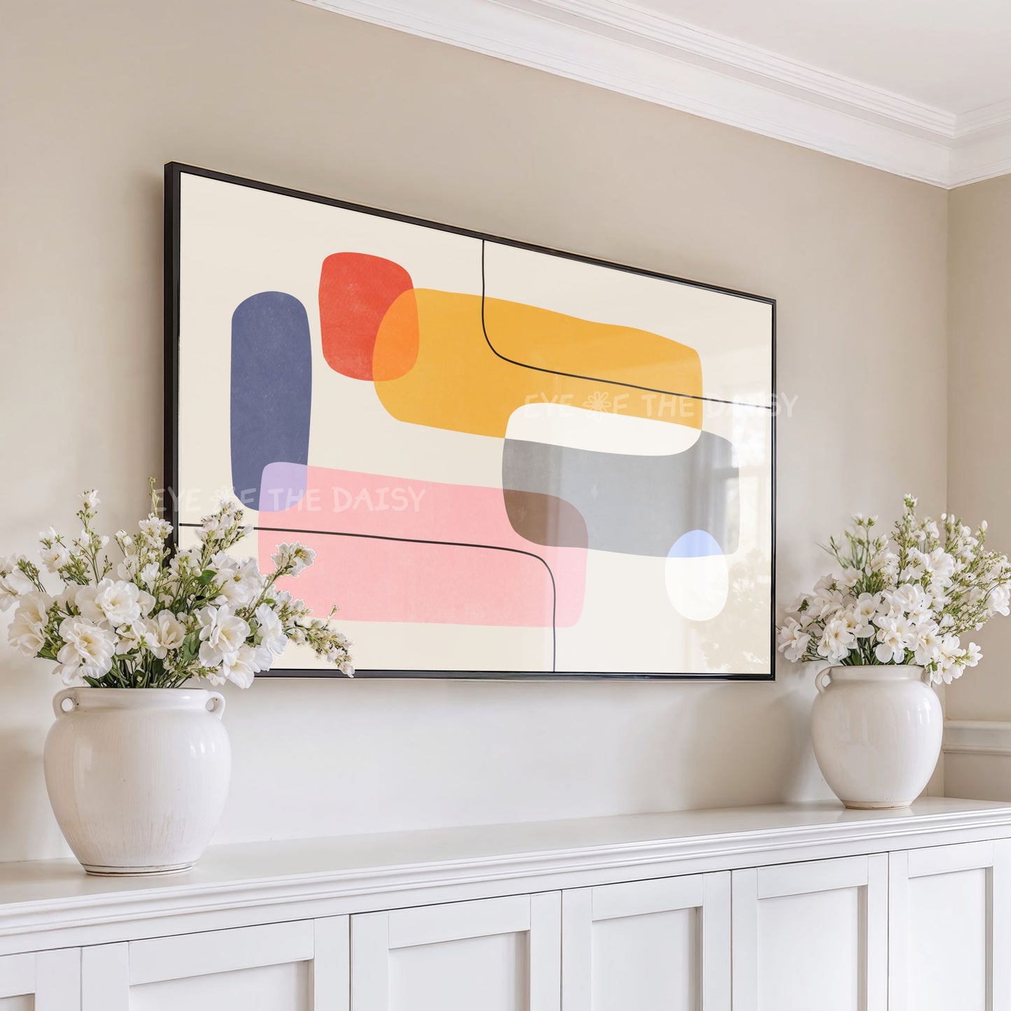 Mustard Blue Red Blush Pink Mid Century Modern 4K TV Art | Geometric Abstract TV Art 4K