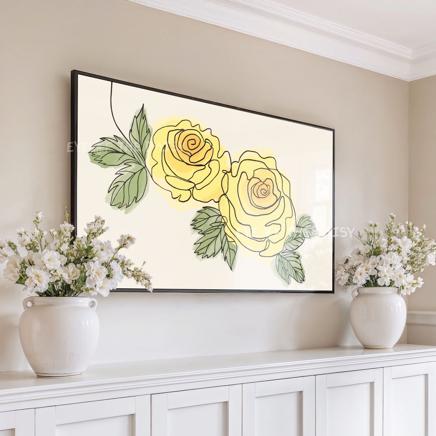 Yellow Roses Botanical Drawing 4K TV Art | Minimal Yellow Flowers Sketch TV Art 4K