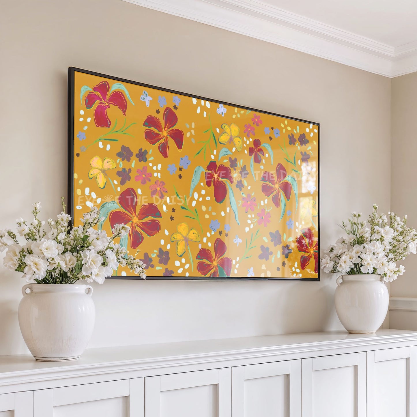 Mustard Yellow Maroon Abstract Floral 4K TV Art | Gold Flower Pattern 4K Art for TV Screen