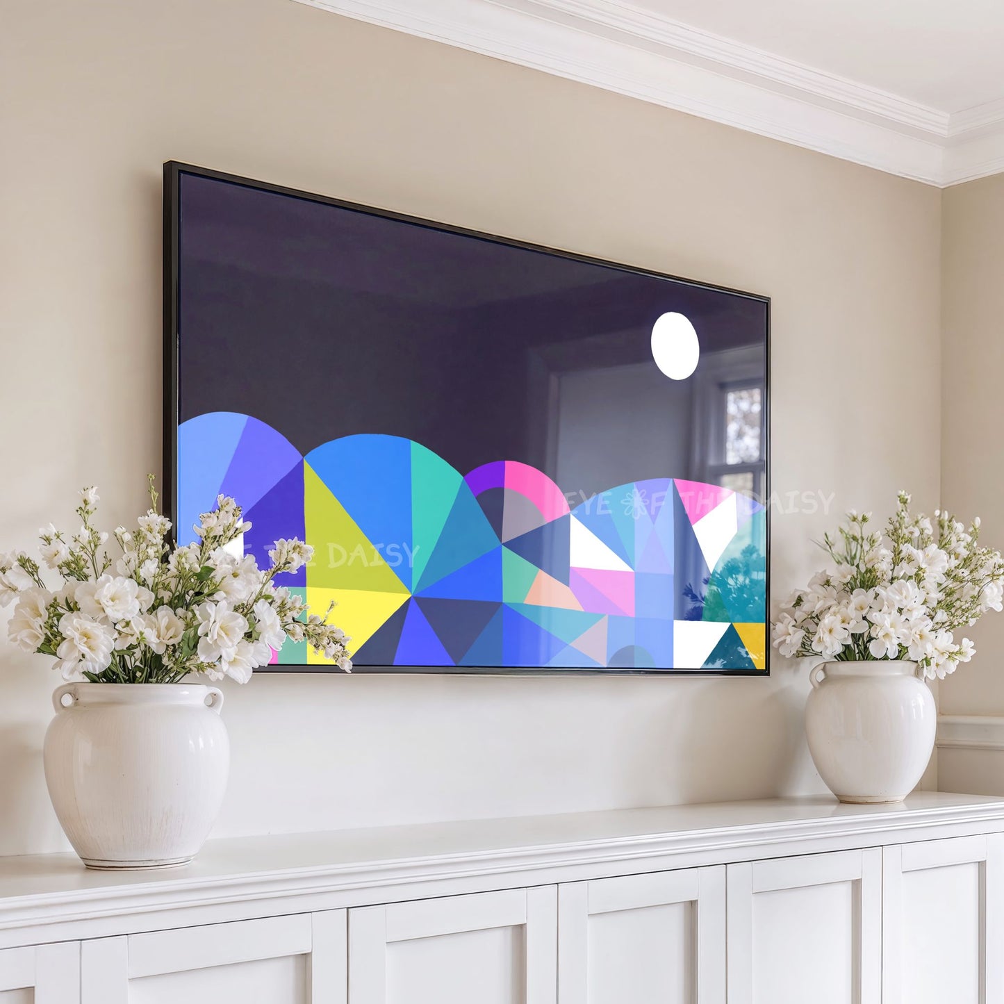 Navy Blue & Colourful Abstract Moonlit Landscape 4K TV Art | Geometric Art for TV Screen