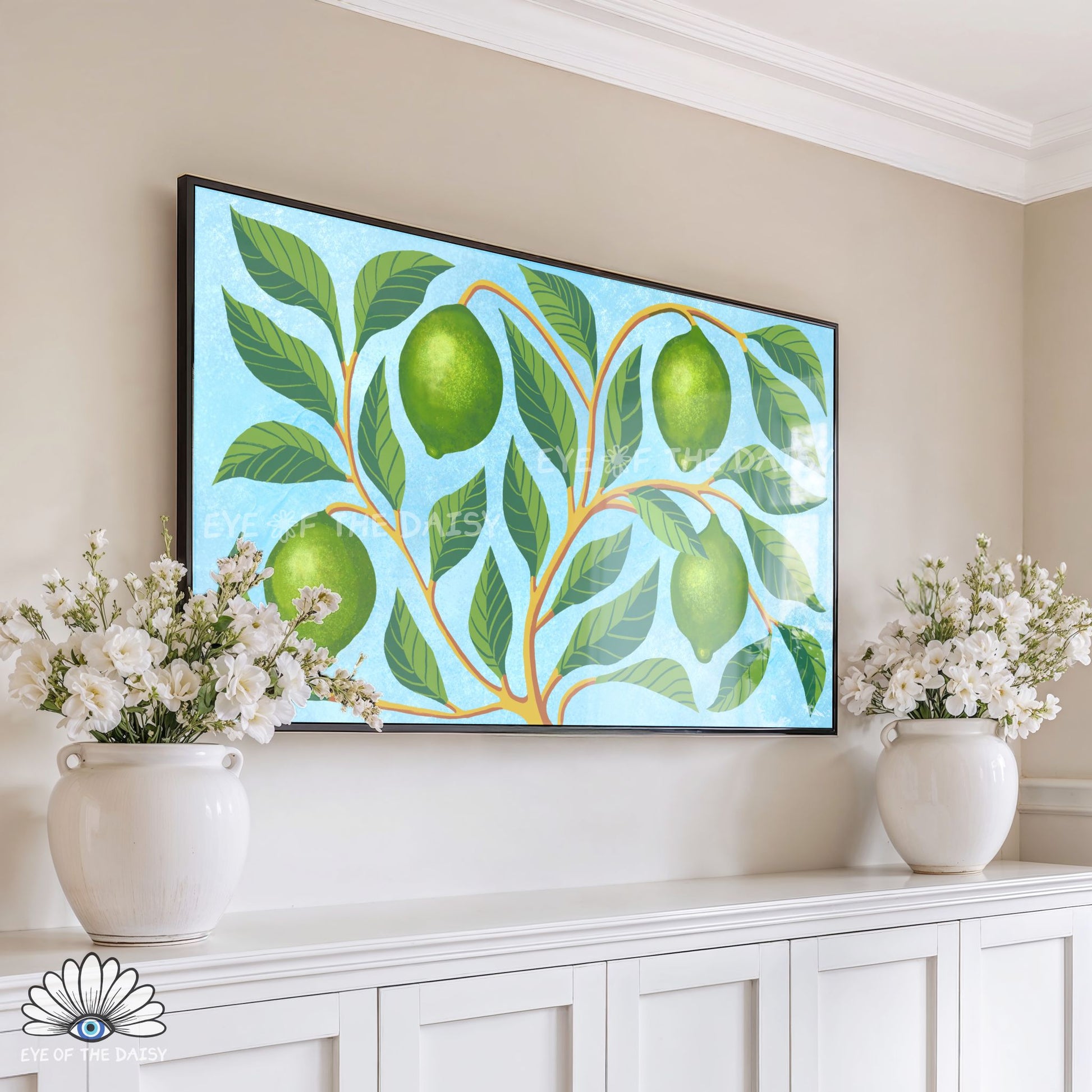 Modern botanical TV art 4K, citrus fruit abstract artwork styled in a minimalist contemporary space