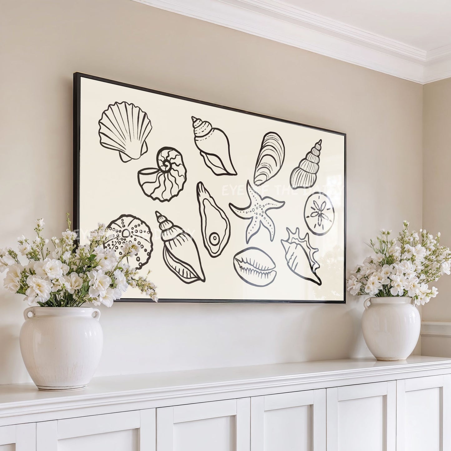 Neutral Black Beige Shells Sketch 4K TV Art | Boho Modern Coastal TV Artwork 4K