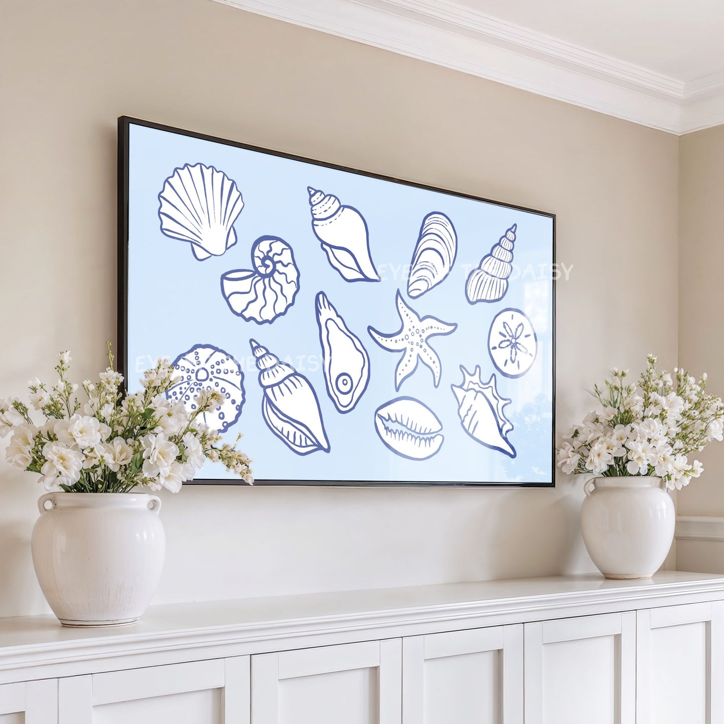 Pale Blue White Shells Sketch 4K TV Art | Modern Coastal Sea Shells TV Artwork 4K