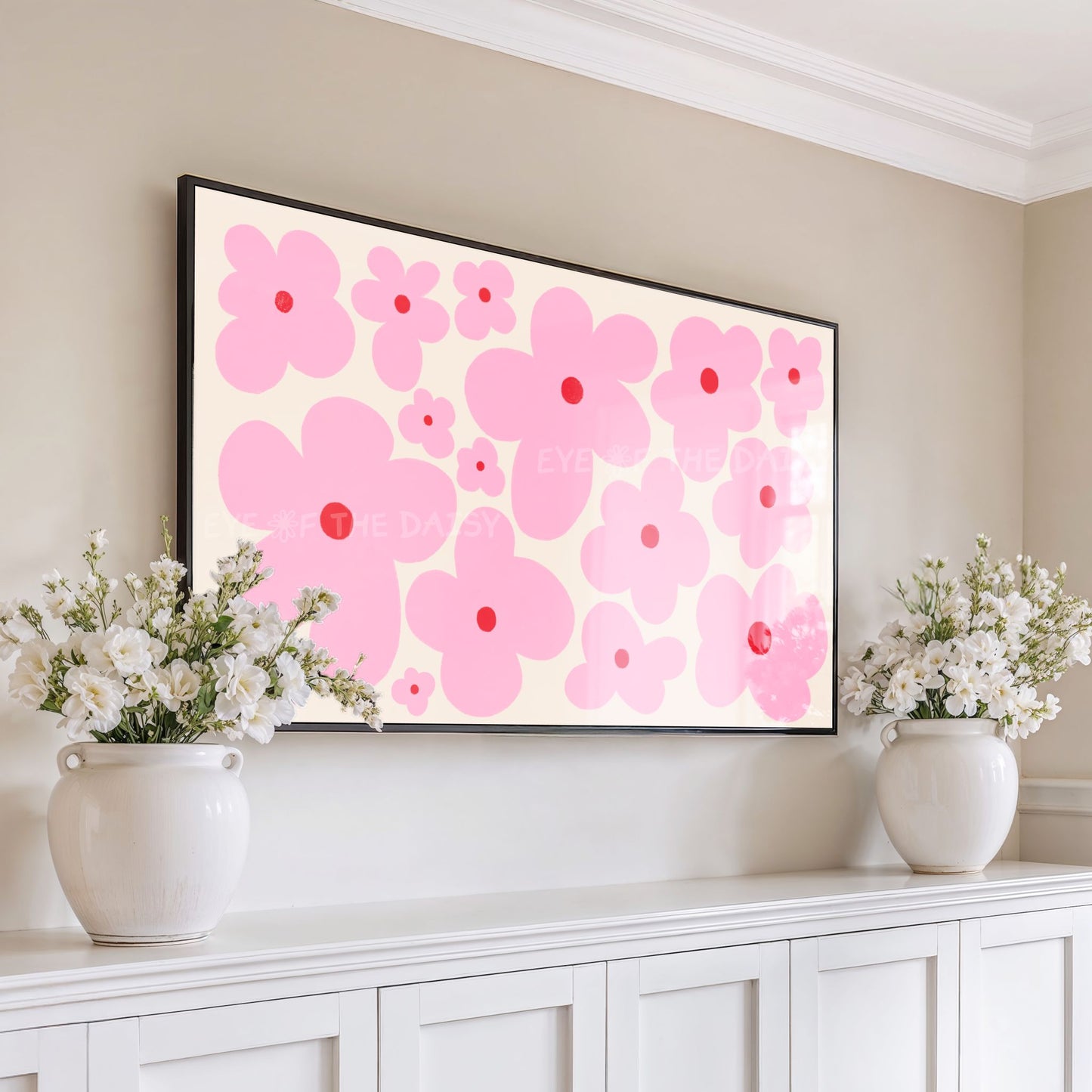 Pink Boho Floral 4K TV Art | Pink Beige Retro Daisy Flowers TV Artwork 4K