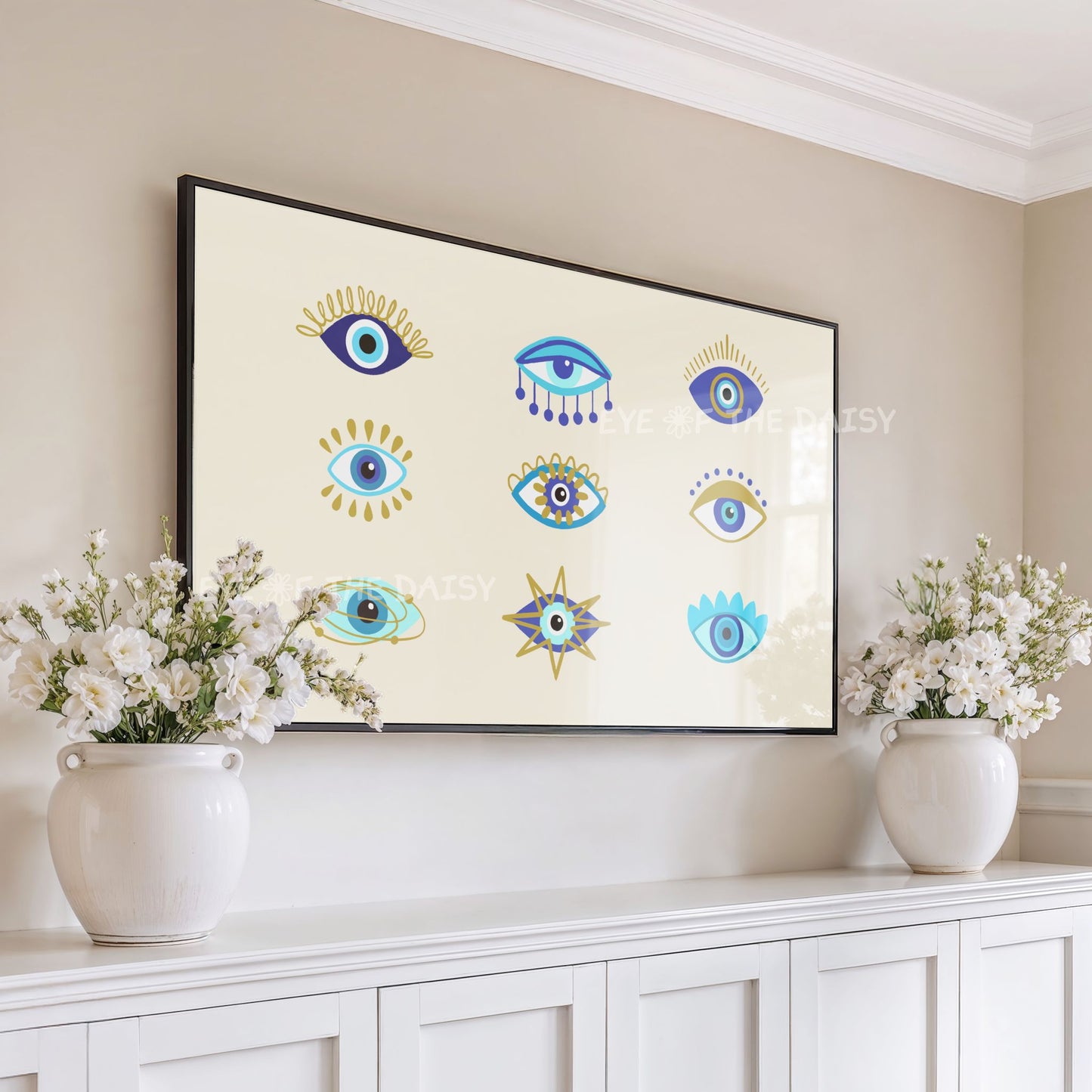 Blue Turquoise Gold Abstract Evil Eye 4K TV Art | Mediterranean Boho 4K TV Art