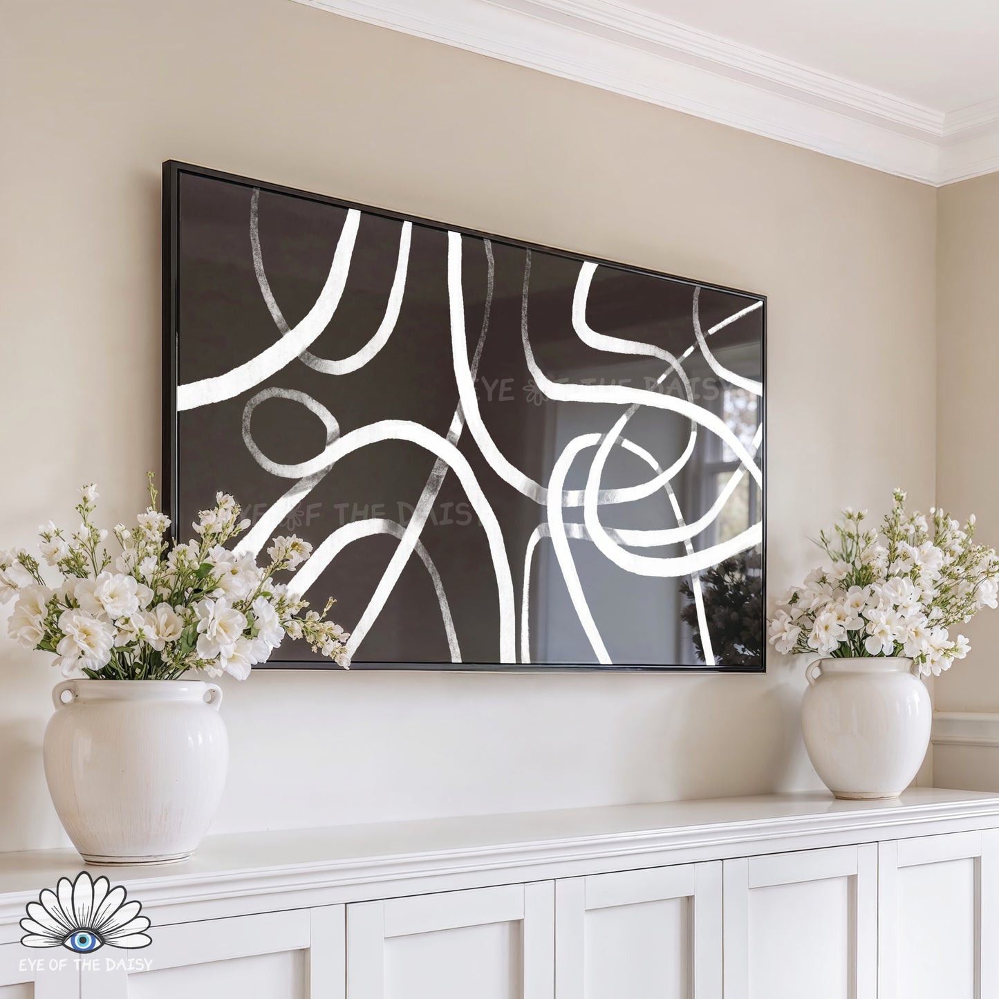 Contemporary black and white scribble abstract 4K TV art, whimsical line art for 4K TV screen for modern bedroom decor