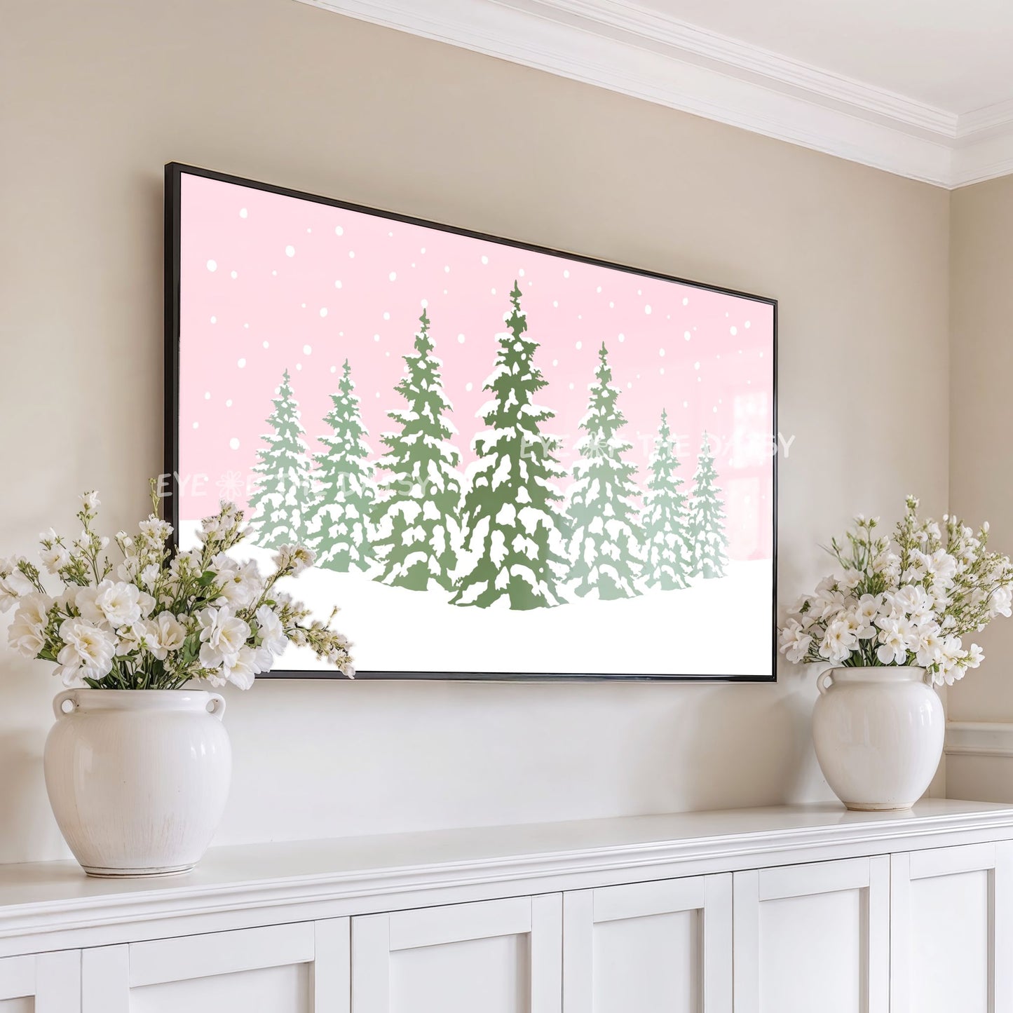 Pink Christmas Trees 4K TV Art | Cute Pink Holiday Snowy Landscape TV Artwork 4K