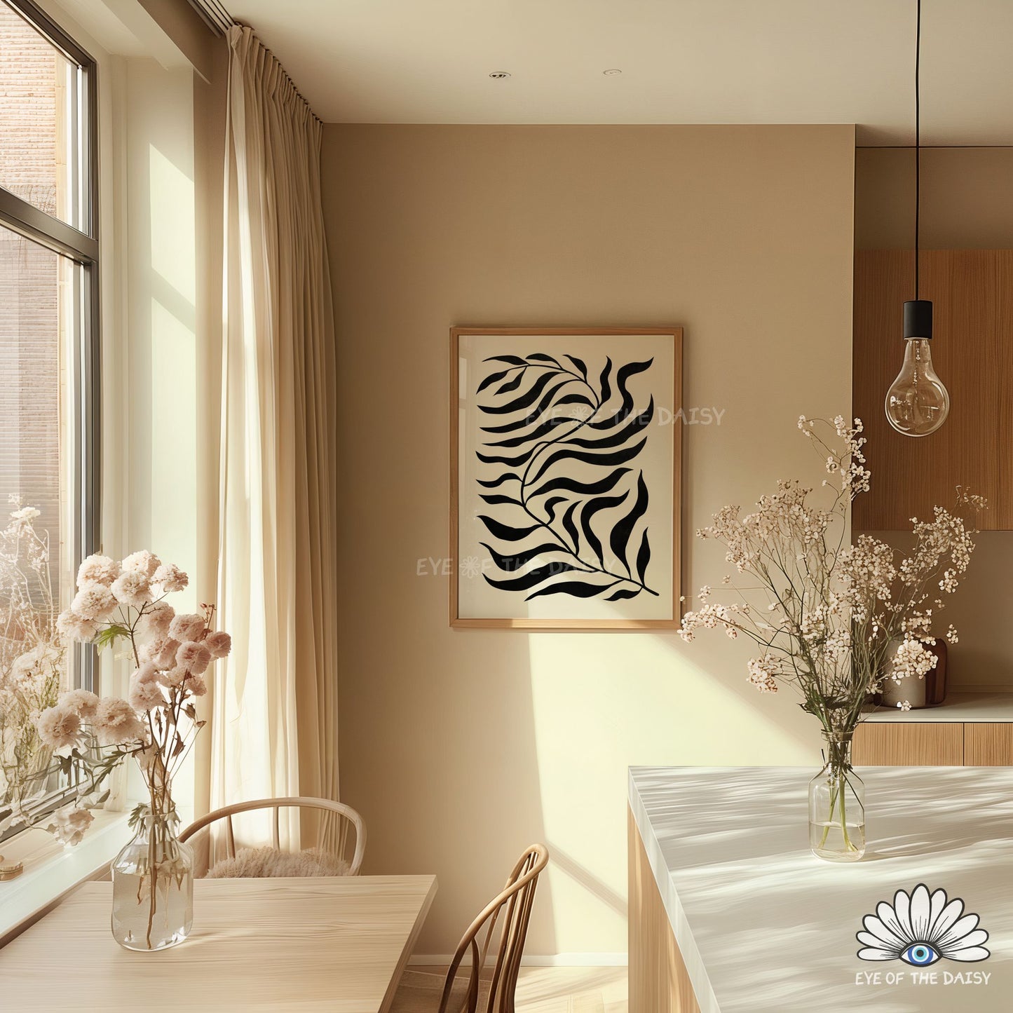 black leaf silhouette printable wall art, organic contemporary artwork for Japandi decor