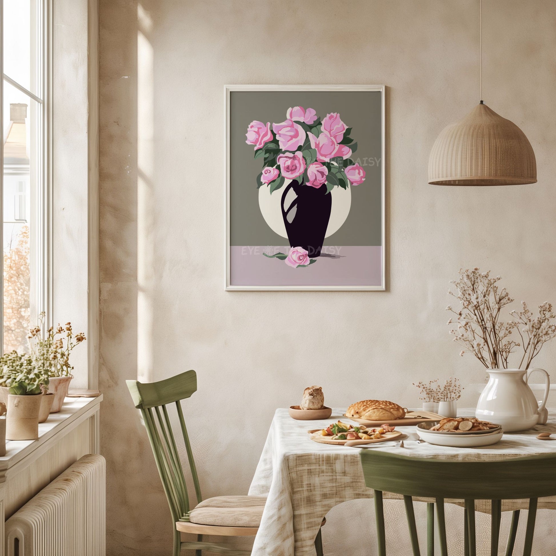 Printable vintage floral artwork — romantic pink roses in vase with grey background, great DIY wall art for feminine farmhouse kitchens