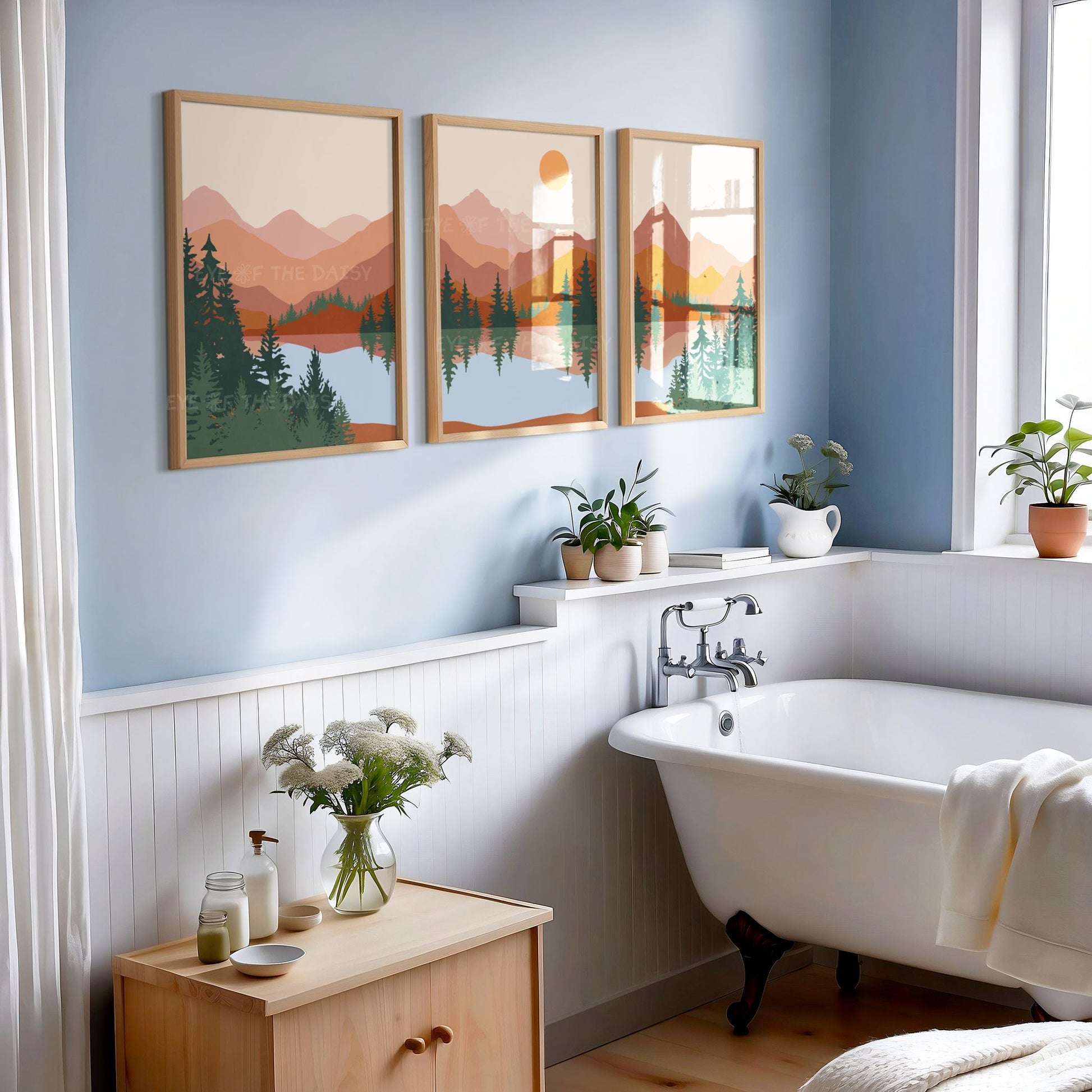 Set of 3 boho mountain printable wall art prints, perfect for natural bathroom decor