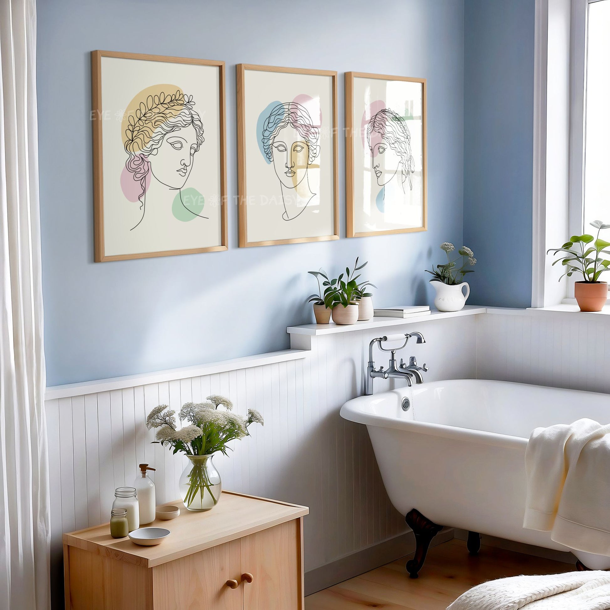 Minimalist Greek bust wall art print set, pastel one line drawing posters for contemporary bathroom or print-at-home DIY decor