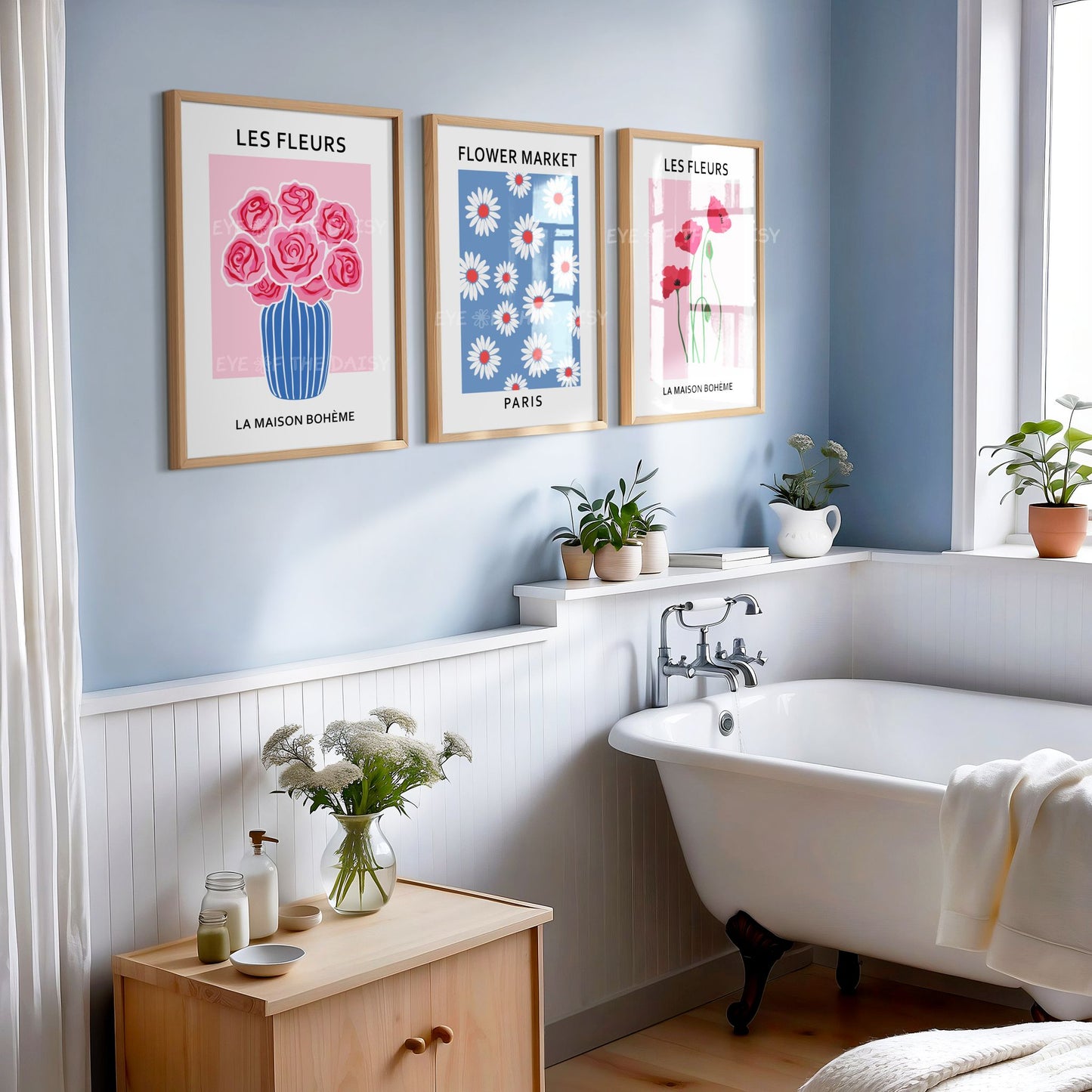 Modern floral print digital download three piece set — Les Fleurs red, pink and blue printable wall art, perfect for refreshing bathroom gallery walls