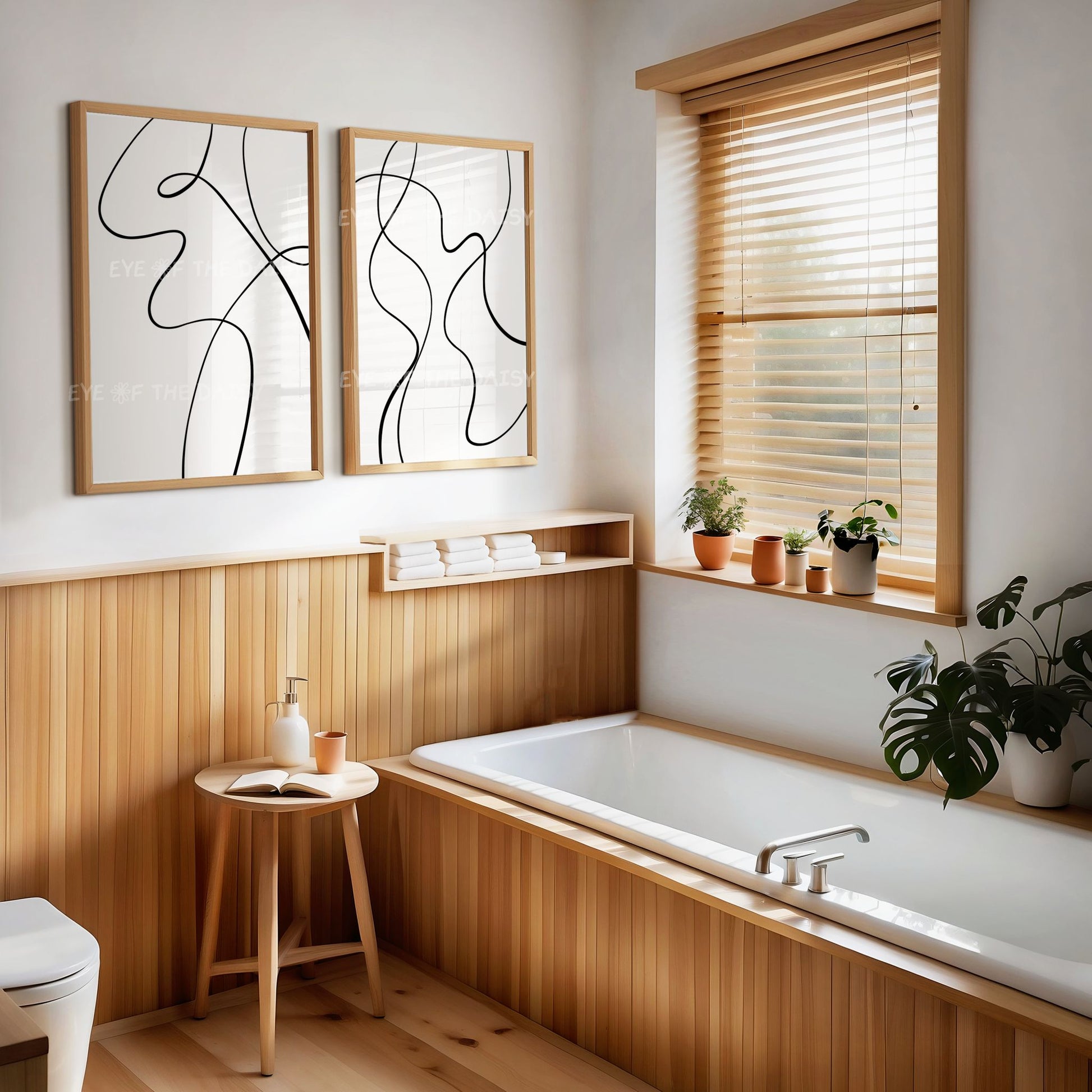 Black abstract squiggle posters, modern line art print set for natural boho bathroom decor, instant download digital wall artwork