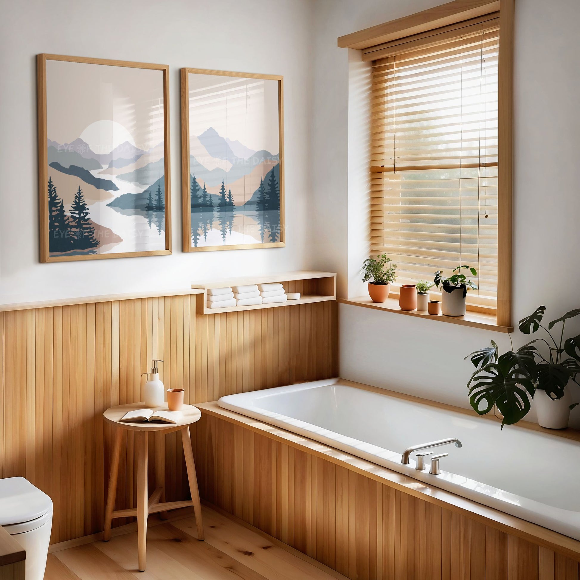 Set of 2 abstract mountain prints – navy, grey and beige nature scenes, printable wall art for calming modern bathroom decor