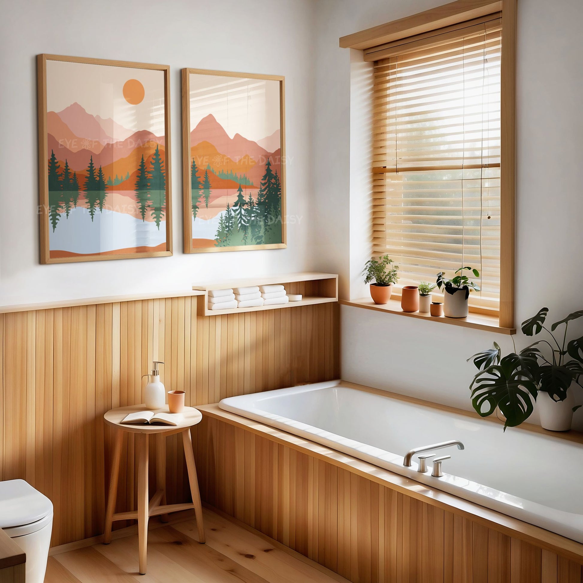 Set of 2 printable wall art prints of boho abstract mountain scenery with trees and a lake, displayed in a bathroom