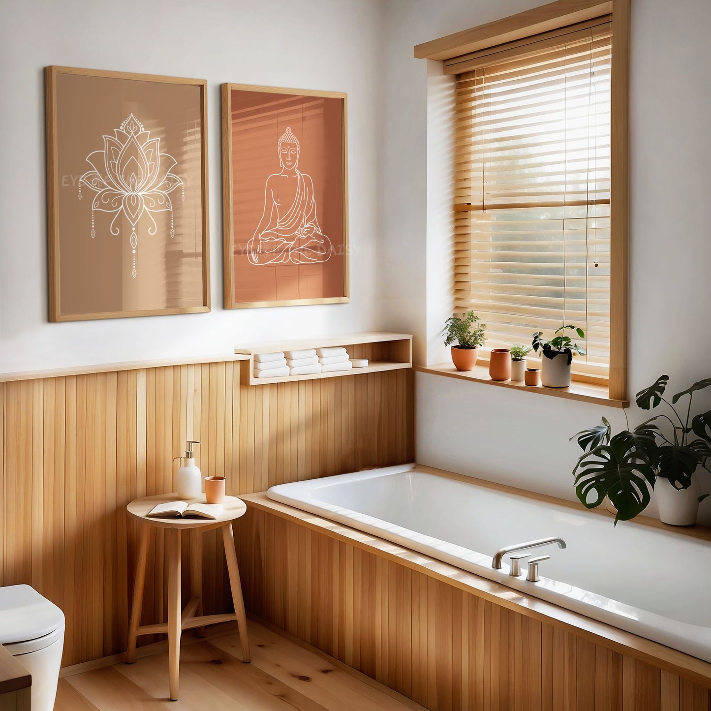 Neutral Zen meditation art prints, downloadable artwork set for earthy boho bathroom decor, print at home calming poster download